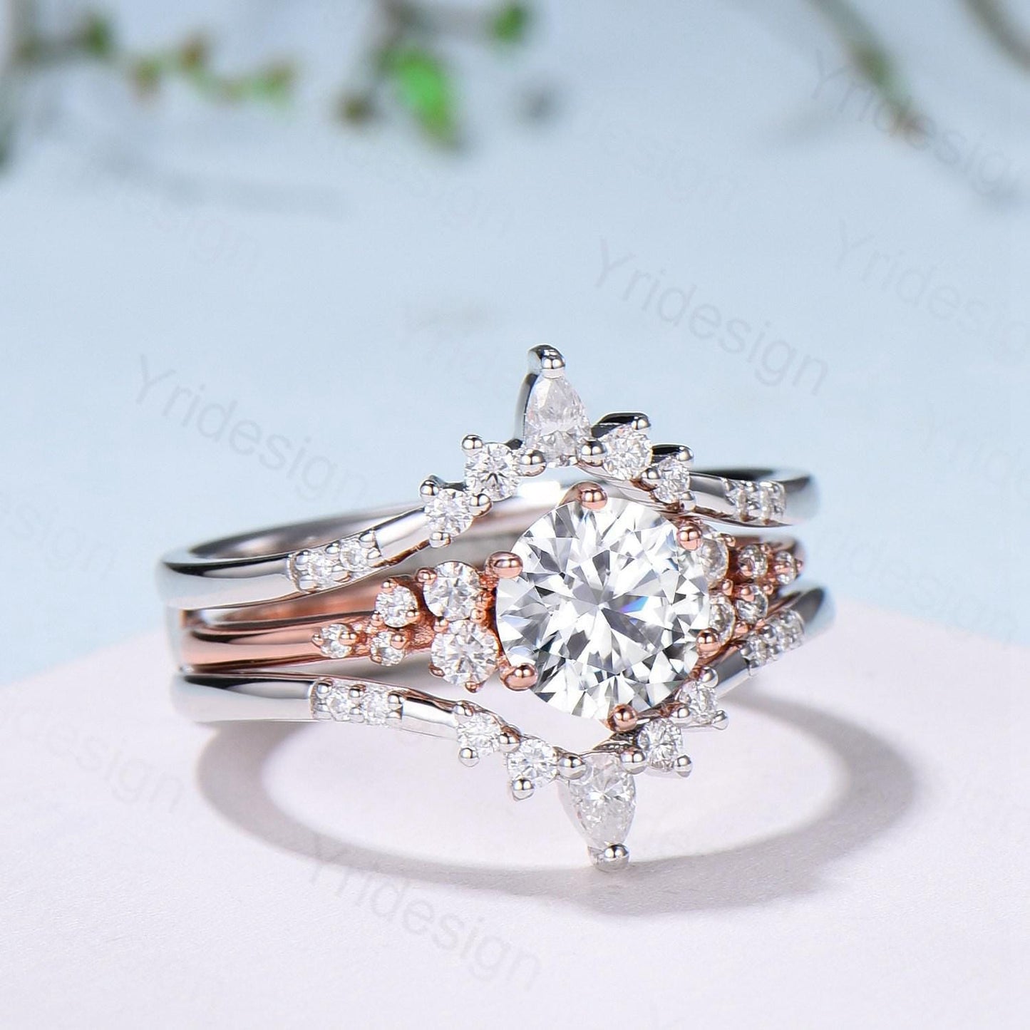 Snowdrift Moissanite Wedding Set, Round Brilliant Lab Grown Diamond Engagement Ring Set, Enhancer Stacking Band , Solid Gold Bridla Set