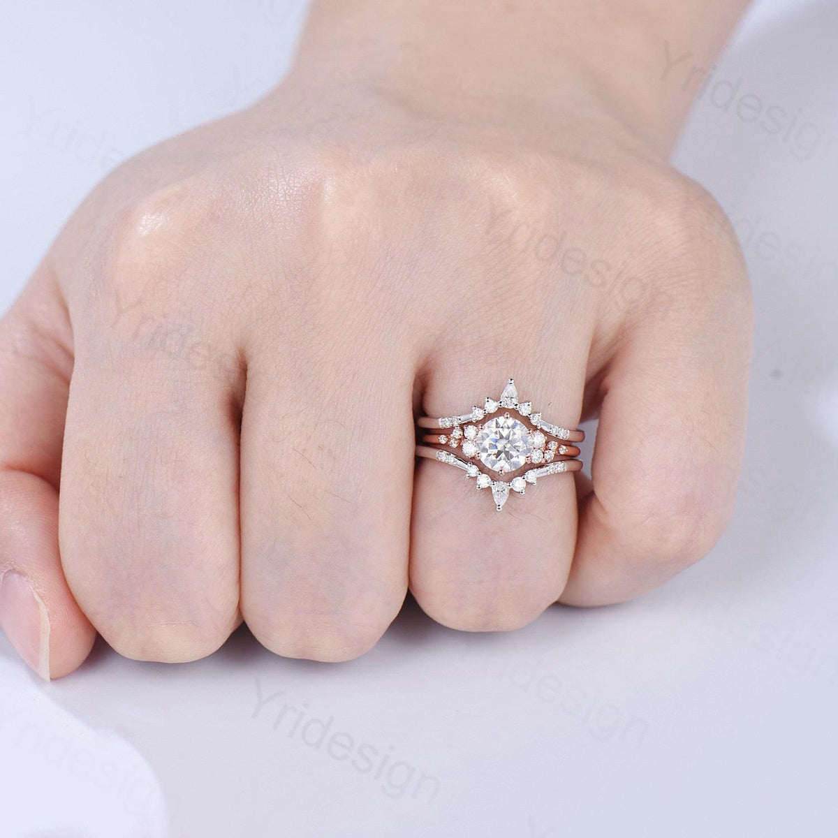 Snowdrift Moissanite Wedding Set, Round Brilliant Lab Grown Diamond Engagement Ring Set, Enhancer Stacking Band , Solid Gold Bridla Set