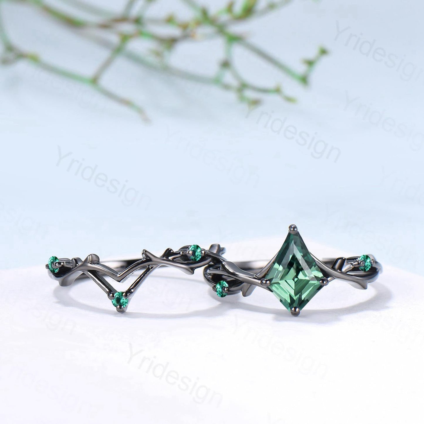 Art Deco Kite Cut Green Sapphire Engagement Ring Set, Black Gold Teal Sapphire Cluster Emerald Bridal Set Branch Vine Anniverry Ring