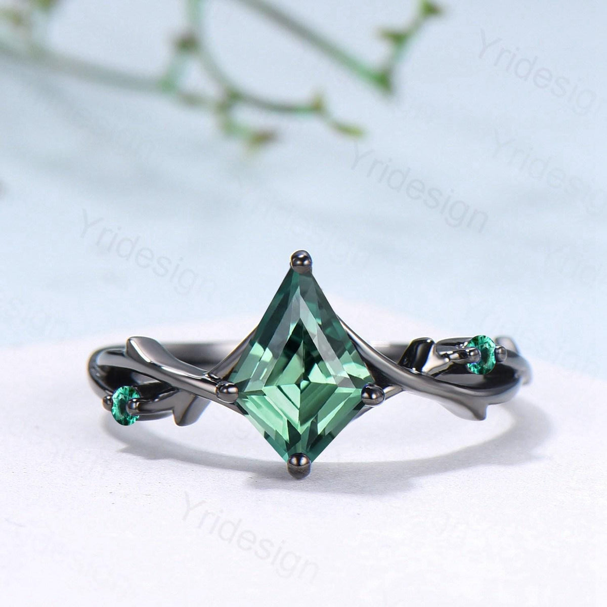 Art Deco Kite Cut Green Sapphire Engagement Ring Set, Black Gold Teal Sapphire Cluster Emerald Bridal Set Branch Vine Anniverry Ring