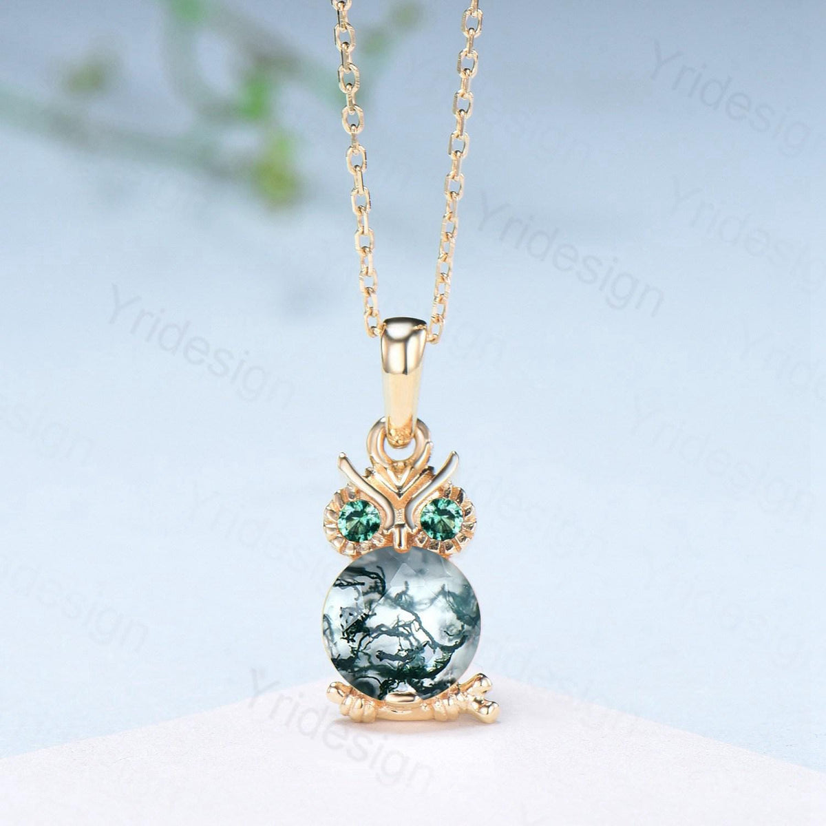 Cute Natural Moss Agate Owl Pendant Necklace, Green Gemstone Emerald Necklace for Women, Dainty Birthstone Gift, Animal Jewelry