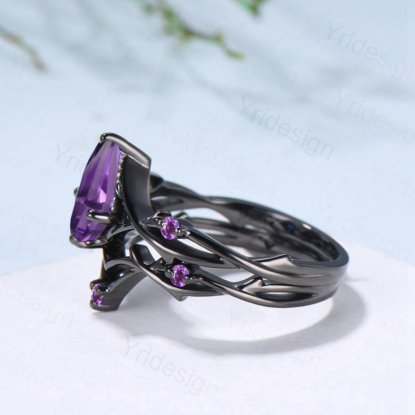 Vintage Kite Cut Purple Sapphire Engagement Ring Set, Black Gold Gothic Cluster Amethyst Bridal Set Art Deco Branch Vine Anniverry Ring