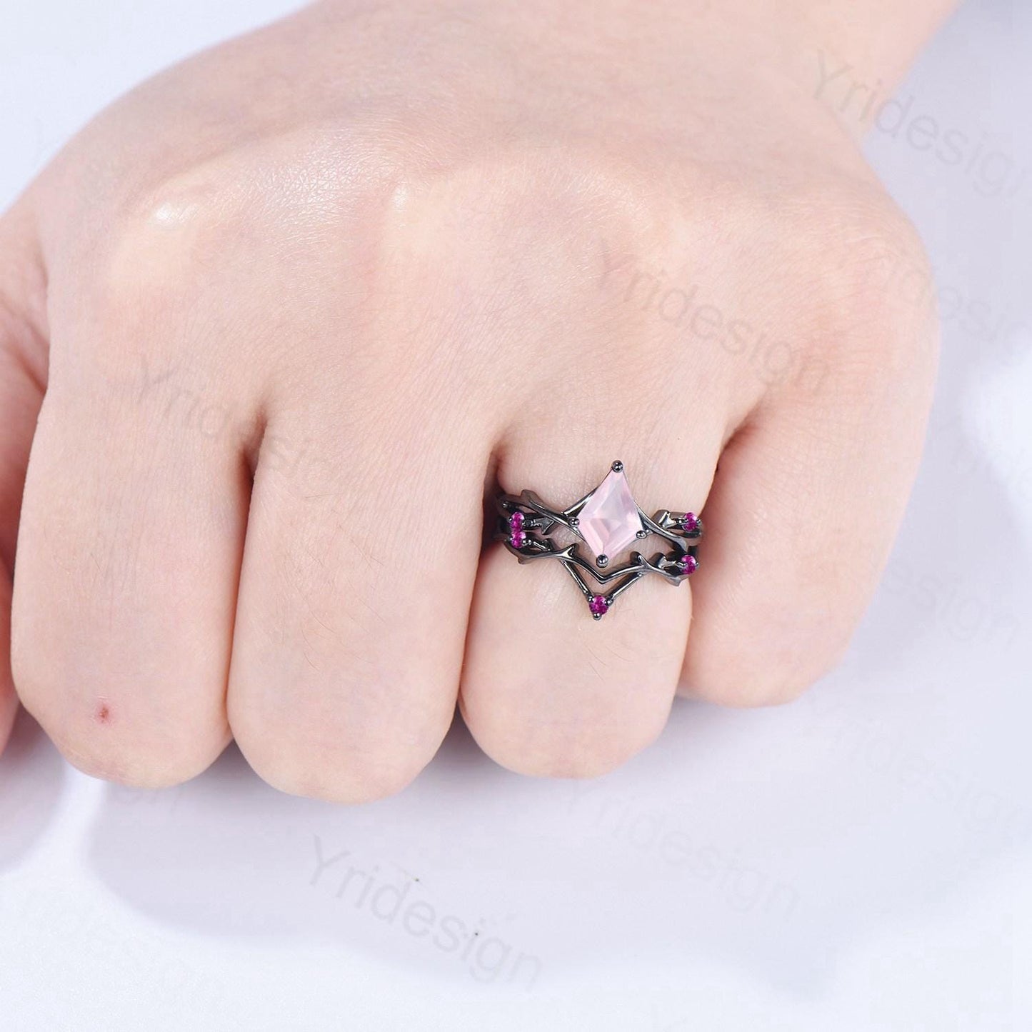 Art Deco Kite Cut Rose Quartz Engagement Ring Set, Black Gold Cluster Pink Touramaline Bridal Wedding Set Branch Leaf Vine Anniverry Ring