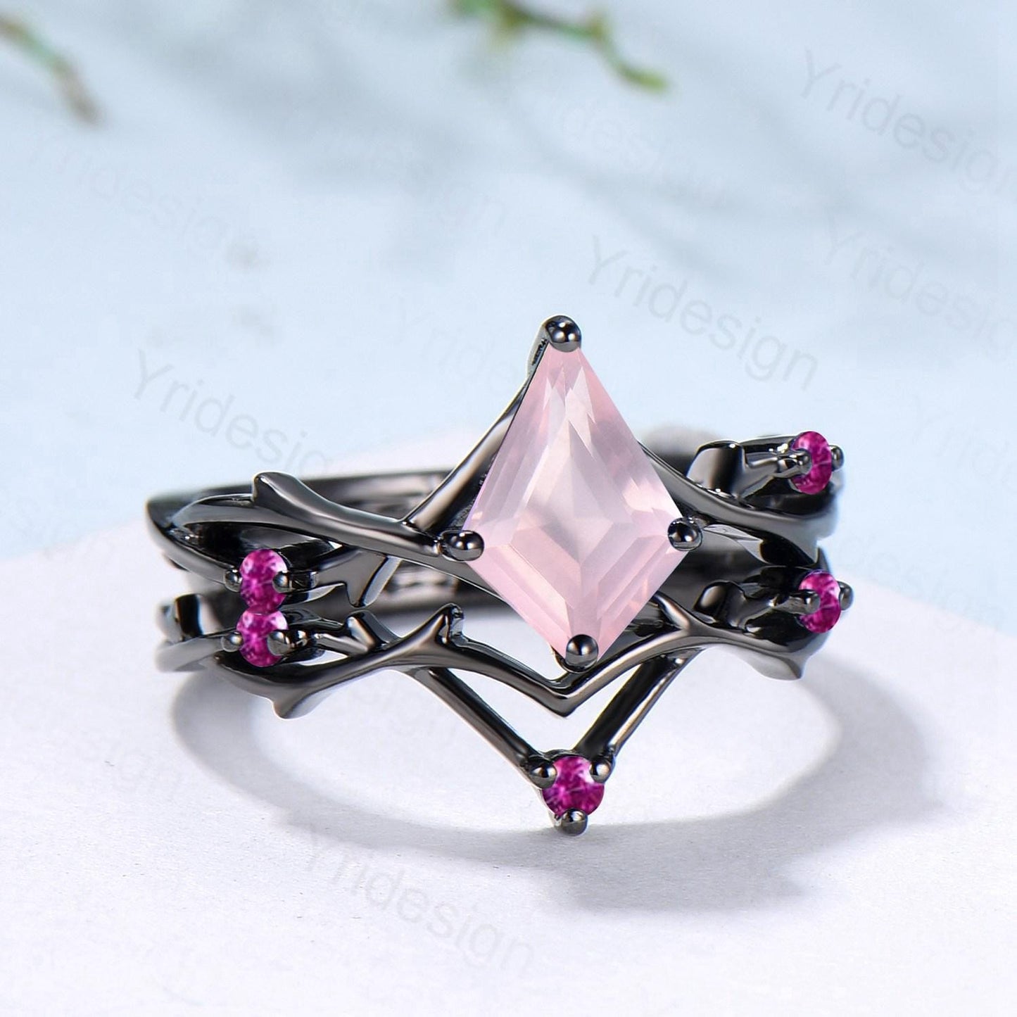 Art Deco Kite Cut Rose Quartz Engagement Ring Set, Black Gold Cluster Pink Touramaline Bridal Wedding Set Branch Leaf Vine Anniverry Ring