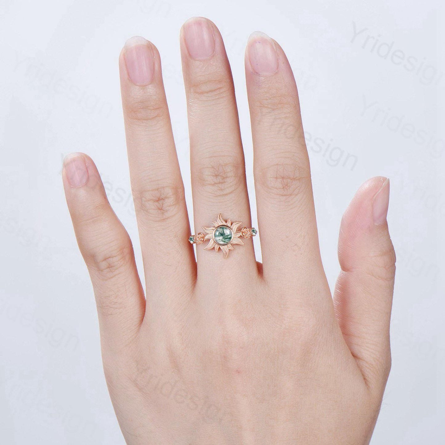 Unique Sunflower Moss Agate Engagement Ring 14K Rose Gold Garden Floral Tiny Rose Accents Nature Inspired Floral Anniversary Ring for Women