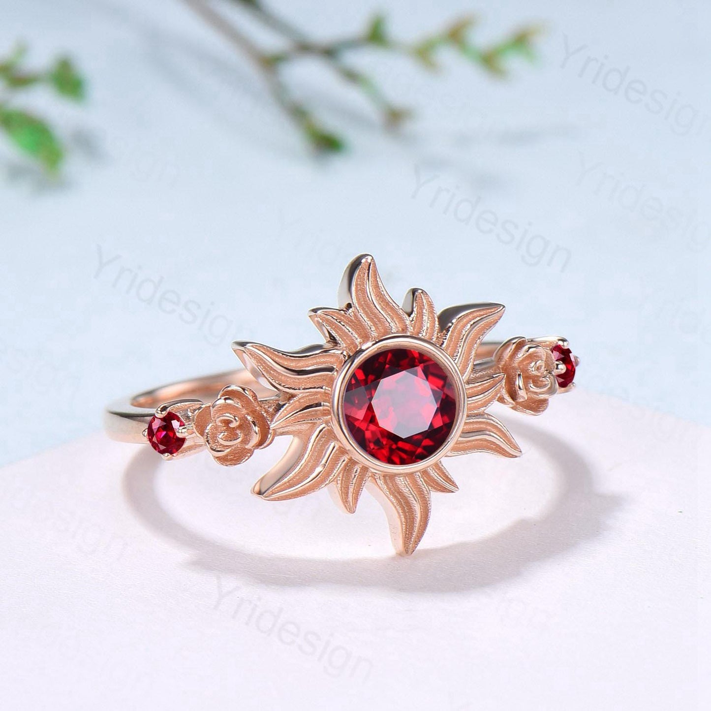 Floral Sunflower Ruby Engagement Ring 14K Rose Gold Garden Inspired Wedding Ring  Tiny Rose Accents July Birthstone Anniversary Ring Women