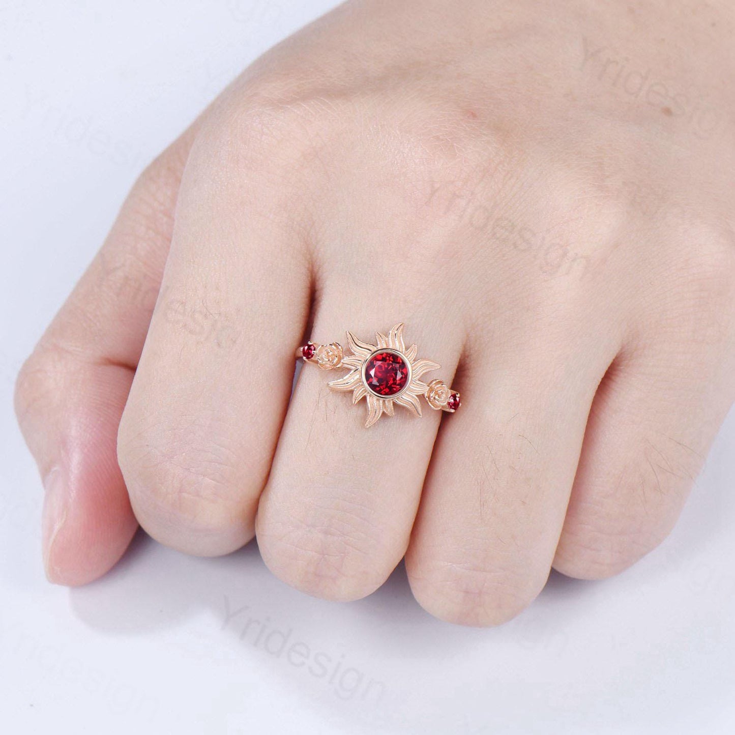 Floral Sunflower Ruby Engagement Ring 14K Rose Gold Garden Inspired Wedding Ring  Tiny Rose Accents July Birthstone Anniversary Ring Women