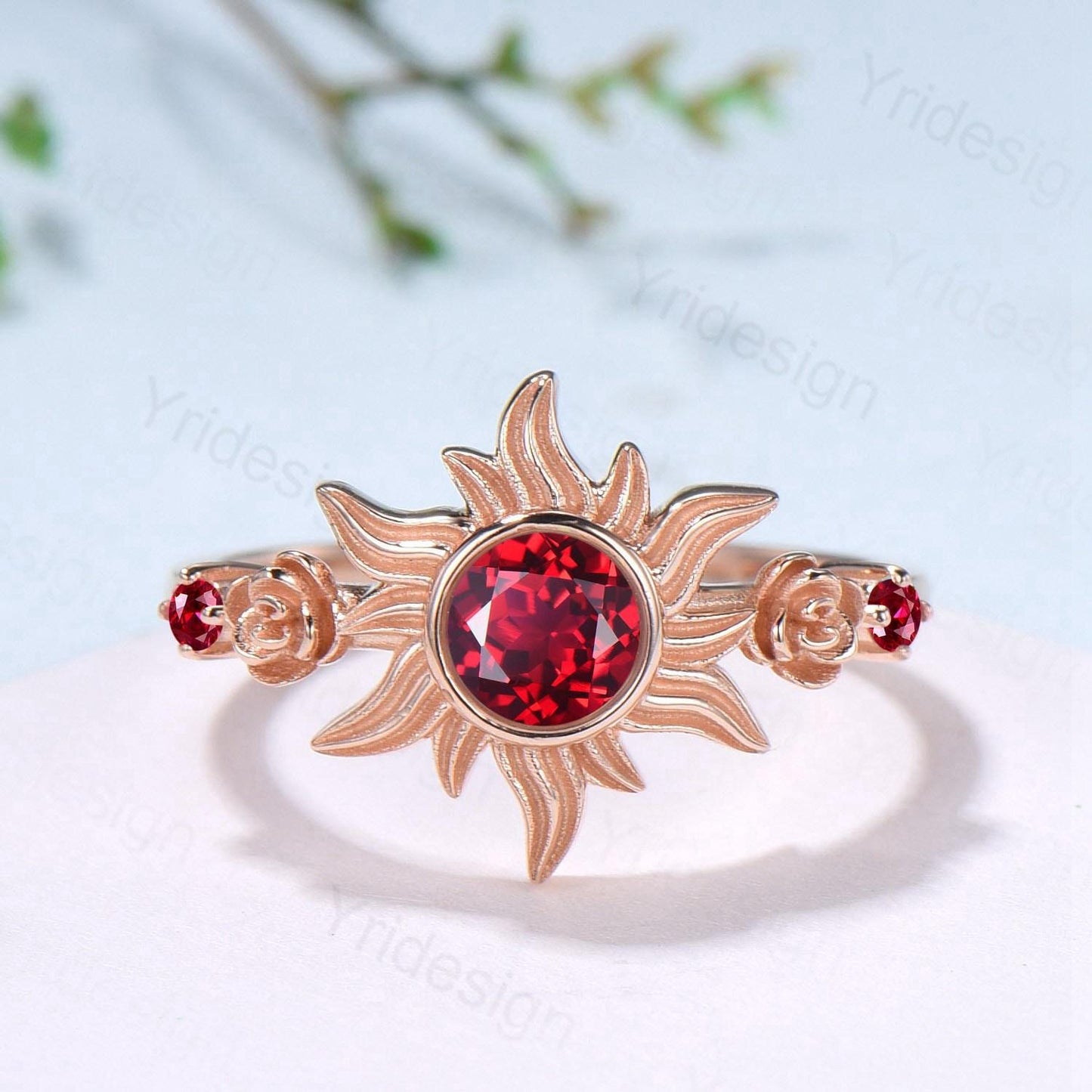 Floral Sunflower Ruby Engagement Ring 14K Rose Gold Garden Inspired Wedding Ring  Tiny Rose Accents July Birthstone Anniversary Ring Women