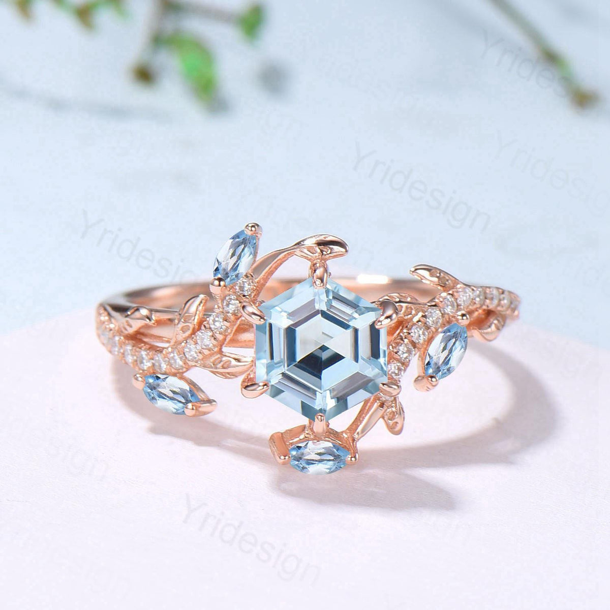 Natural Inspired Aquamarine Engagement Ring Rose Gold Entangled Vines Snake Bridal Wedding Ring March Birthstone Promise Gifts For fiancee