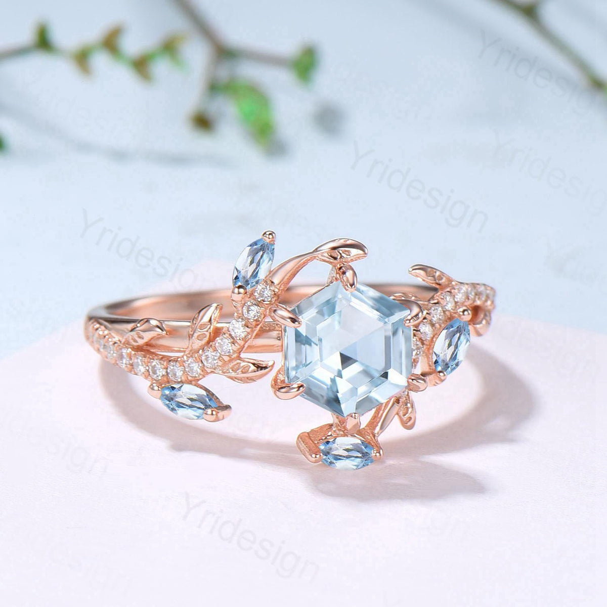 Natural Inspired Aquamarine Engagement Ring Rose Gold Entangled Vines Snake Bridal Wedding Ring March Birthstone Promise Gifts For fiancee