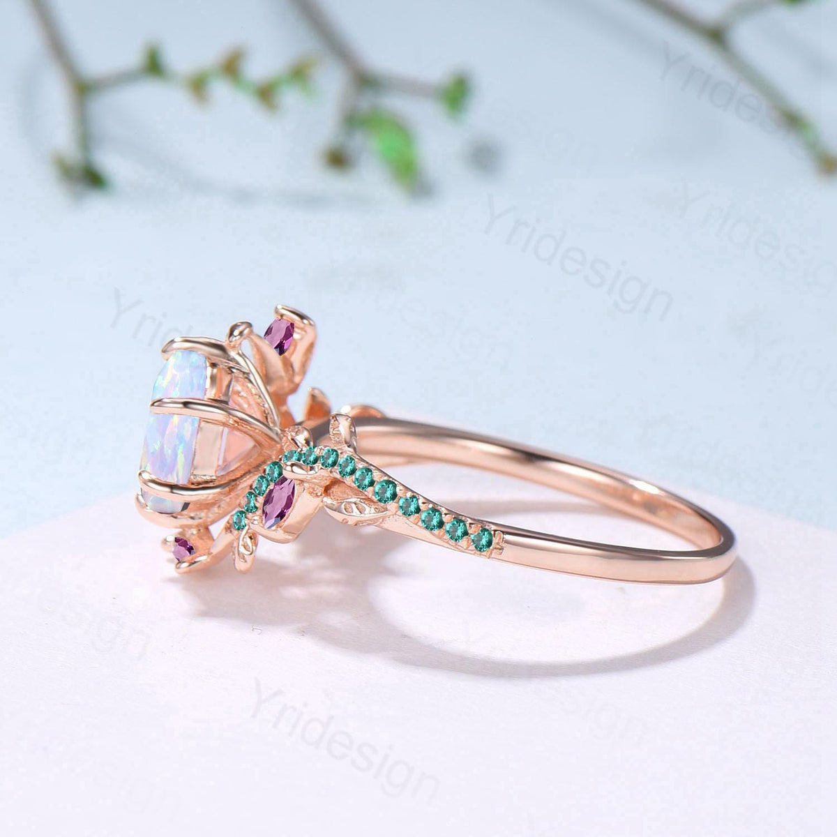 Elegant Opla Ring Nature Inspired Fire White Opal Engagement Ring Entangled Vines Emerlad Amethyst Snake Bridal Wedding Ring Promise Gifts