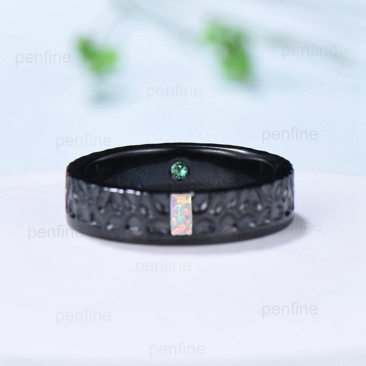 5mm Hammer Men's Wedding Ring Black Gold Baguette Fire White Opal Men Wedding Band Unique Birthday Stacking Matching Band Retro Vintage Gift
