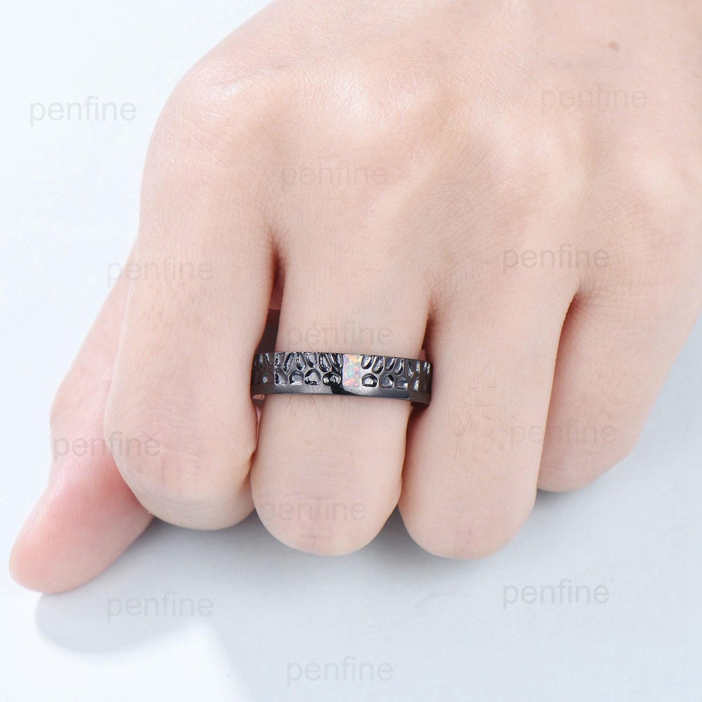 5mm Hammer Men's Wedding Ring Black Gold Baguette Fire White Opal Men Wedding Band Unique Birthday Stacking Matching Band Retro Vintage Gift