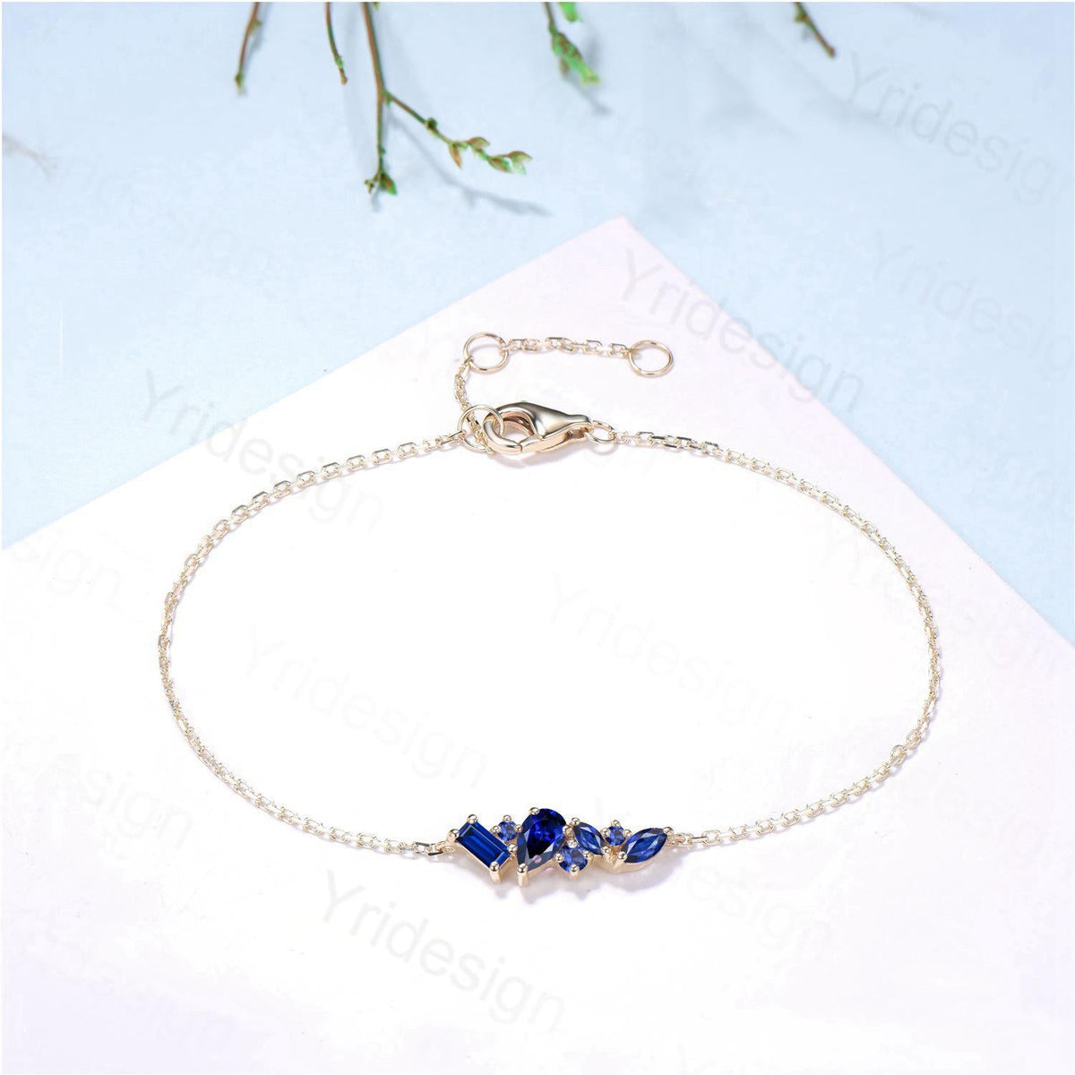 Dainty Pear Shaped Sapphire Bracelet Multi-Stone Baguette Blue Gemstone Lobster Claw Bracelet Silver Gold Art Deco Anniversary Promise Gift