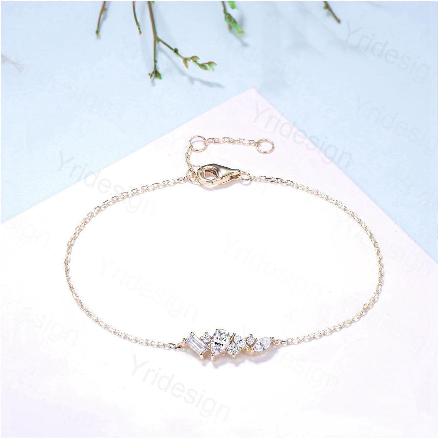 Dainty Pear Shaped Moissanite Bracelet Multi-Stone Baguette Lab Grown Diamond Lobster Claw Bracelet Silver Gold Art Deco Anniversary Gift