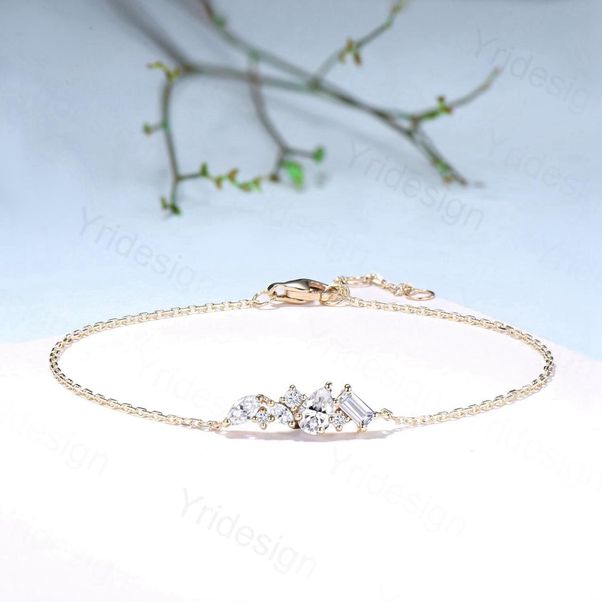 Dainty Pear Shaped Moissanite Bracelet Multi-Stone Baguette Lab Grown Diamond Lobster Claw Bracelet Silver Gold Art Deco Anniversary Gift