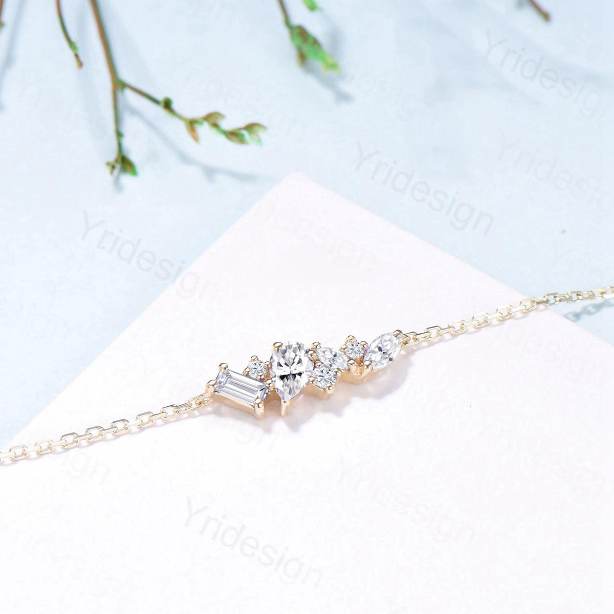 Dainty Pear Shaped Moissanite Bracelet Multi-Stone Baguette Lab Grown Diamond Lobster Claw Bracelet Silver Gold Art Deco Anniversary Gift