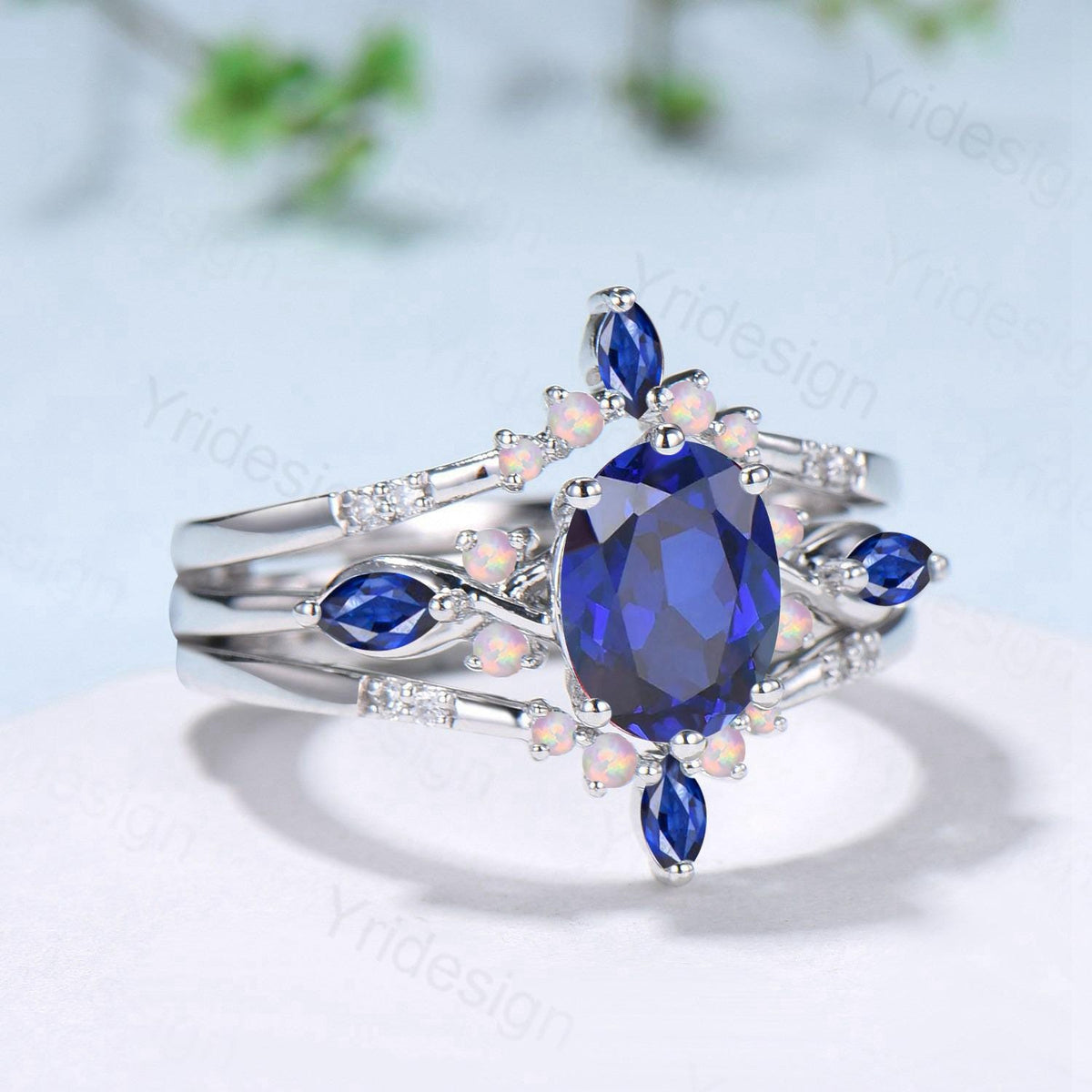 Vintage Oval Cut Sapphire Engagement Ring Set, Marquise Blue Sapphire Opal Seven Stone Wedding Set, Enhancer Stacking Band, Sep Birhtstone