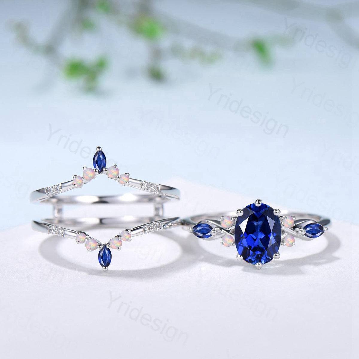 Vintage Oval Cut Sapphire Engagement Ring Set, Marquise Blue Sapphire Opal Seven Stone Wedding Set, Enhancer Stacking Band, Sep Birhtstone