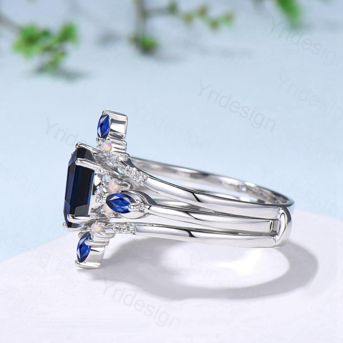 Vintage Oval Cut Sapphire Engagement Ring Set, Marquise Blue Sapphire Opal Seven Stone Wedding Set, Enhancer Stacking Band, Sep Birhtstone