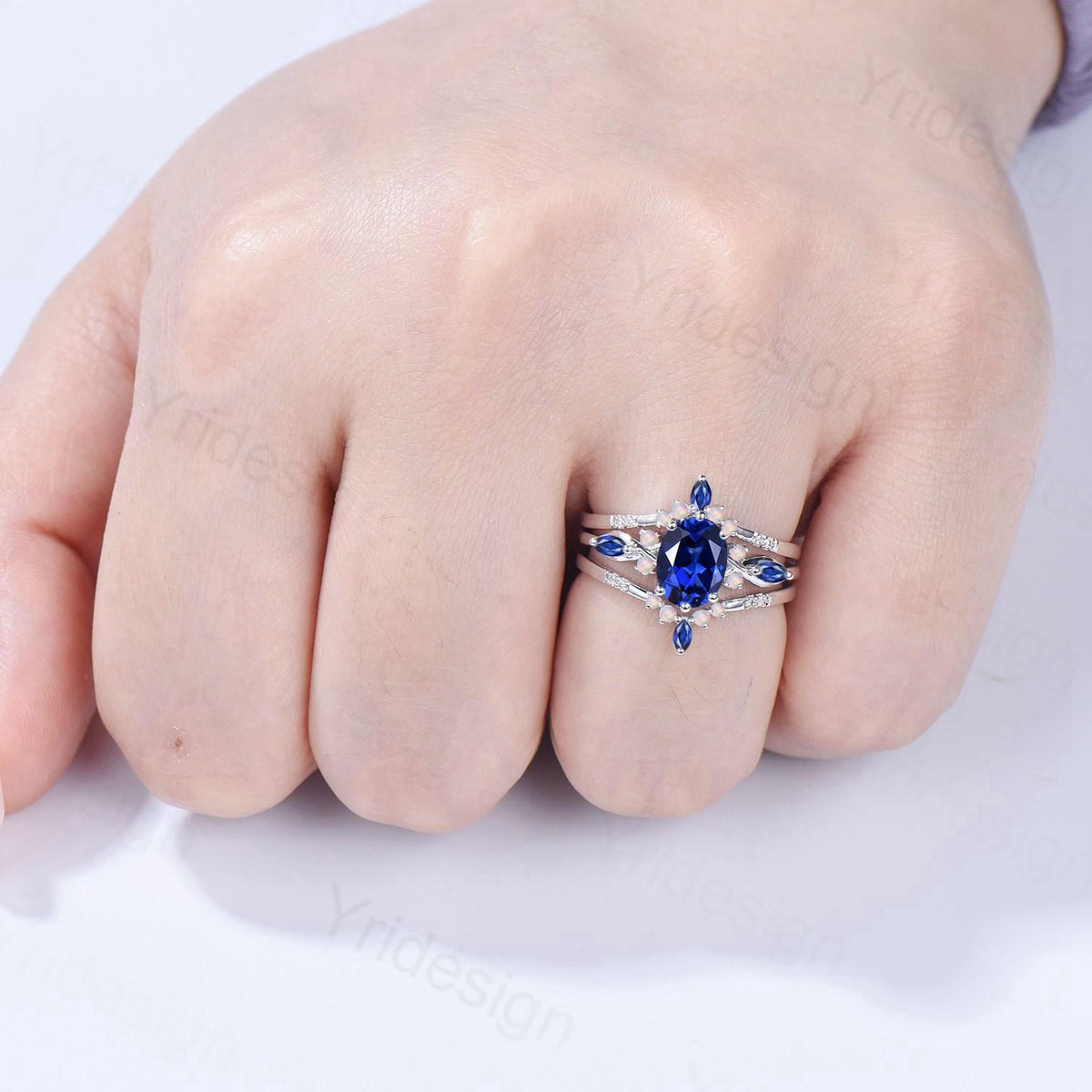 Vintage Oval Cut Sapphire Engagement Ring Set, Marquise Blue Sapphire Opal Seven Stone Wedding Set, Enhancer Stacking Band, Sep Birhtstone