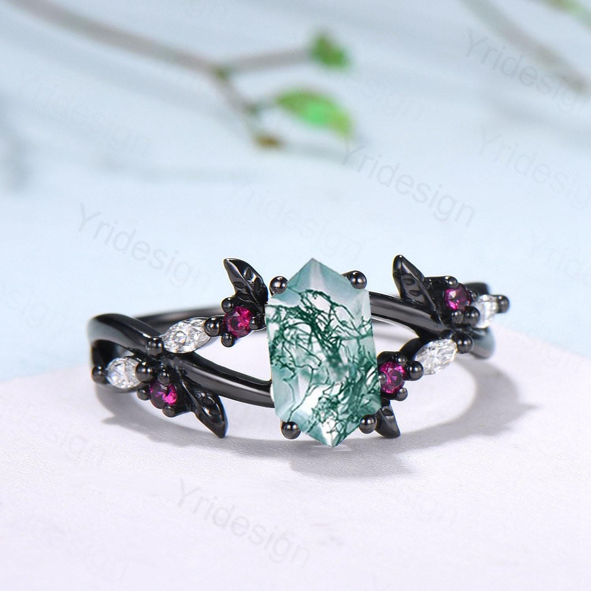 Unique Black Gold Moss Agate Ring Natural Inspired Gothic Long Hexagon Cut Engagement Ring Leaf Vine  Cluster Ruby Split Shank Wedding Ring