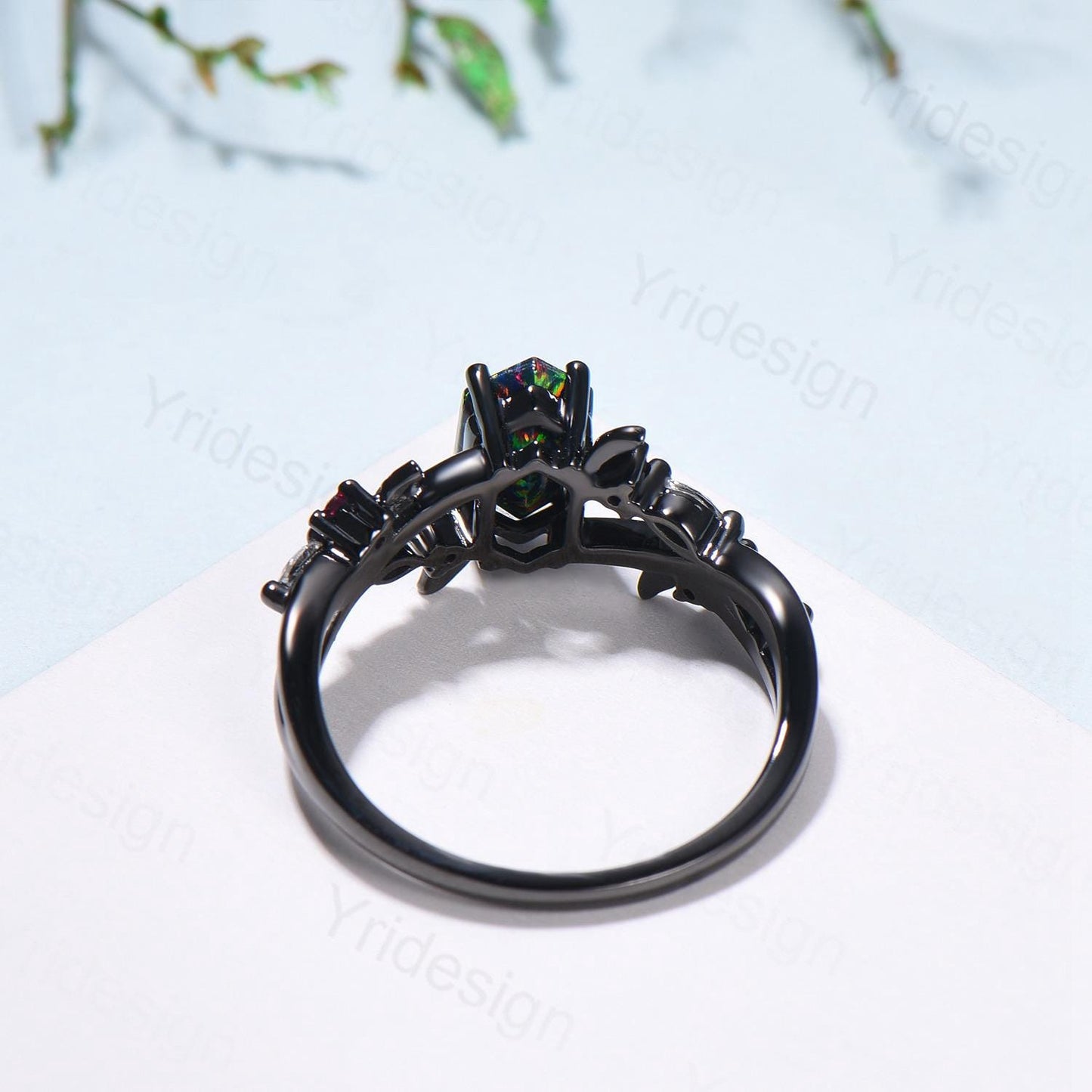 Unique Black Gold Moss Agate Ring Natural Inspired Gothic Long Hexagon Cut Engagement Ring Leaf Vine  Cluster Ruby Split Shank Wedding Ring