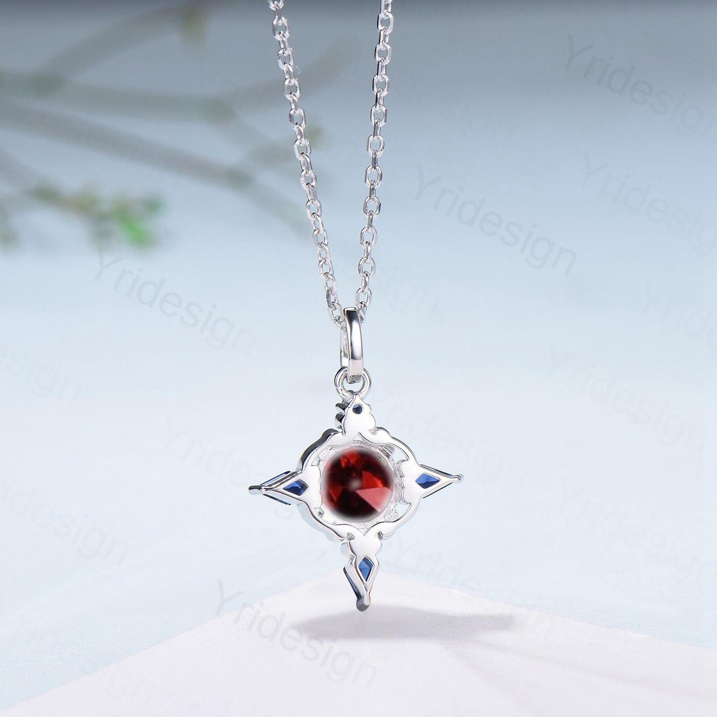 Unique Garnet Sapphire Pendant Necklace Celtic Knot Norse Viking Pendant 14K/18K White Gold Necklace Women Anniversary January Birthday Gift