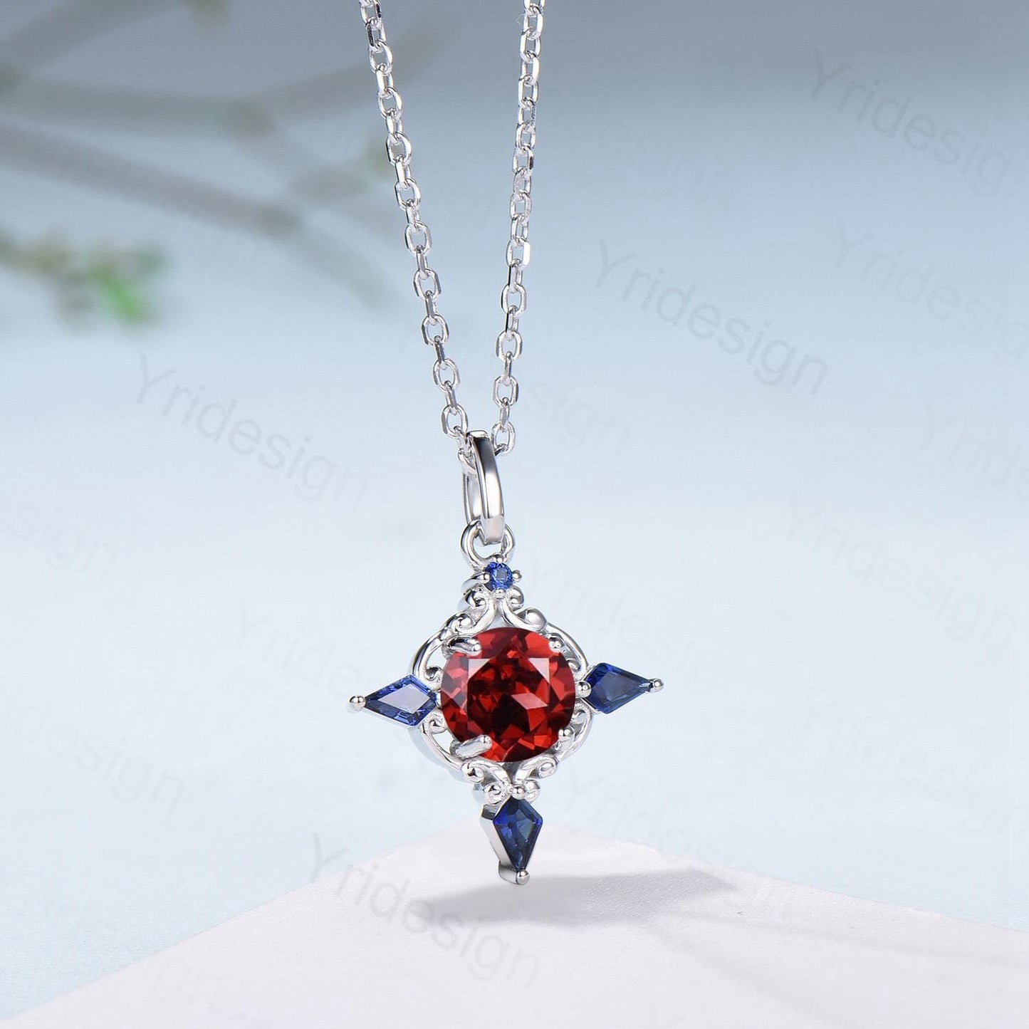 Unique Garnet Sapphire Pendant Necklace Celtic Knot Norse Viking Pendant 14K/18K White Gold Necklace Women Anniversary January Birthday Gift