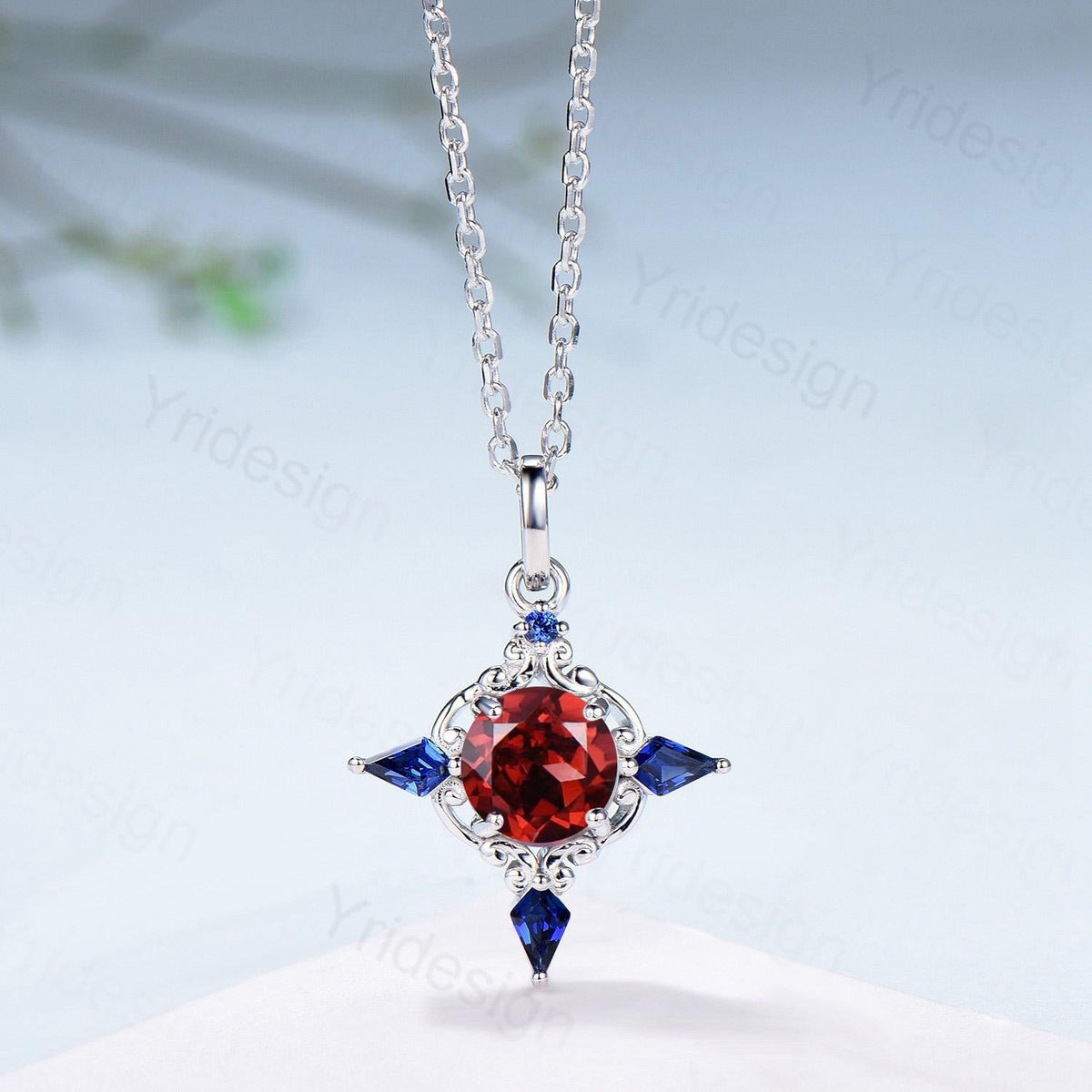 Unique Garnet Sapphire Pendant Necklace Celtic Knot Norse Viking Pendant 14K/18K White Gold Necklace Women Anniversary January Birthday Gift
