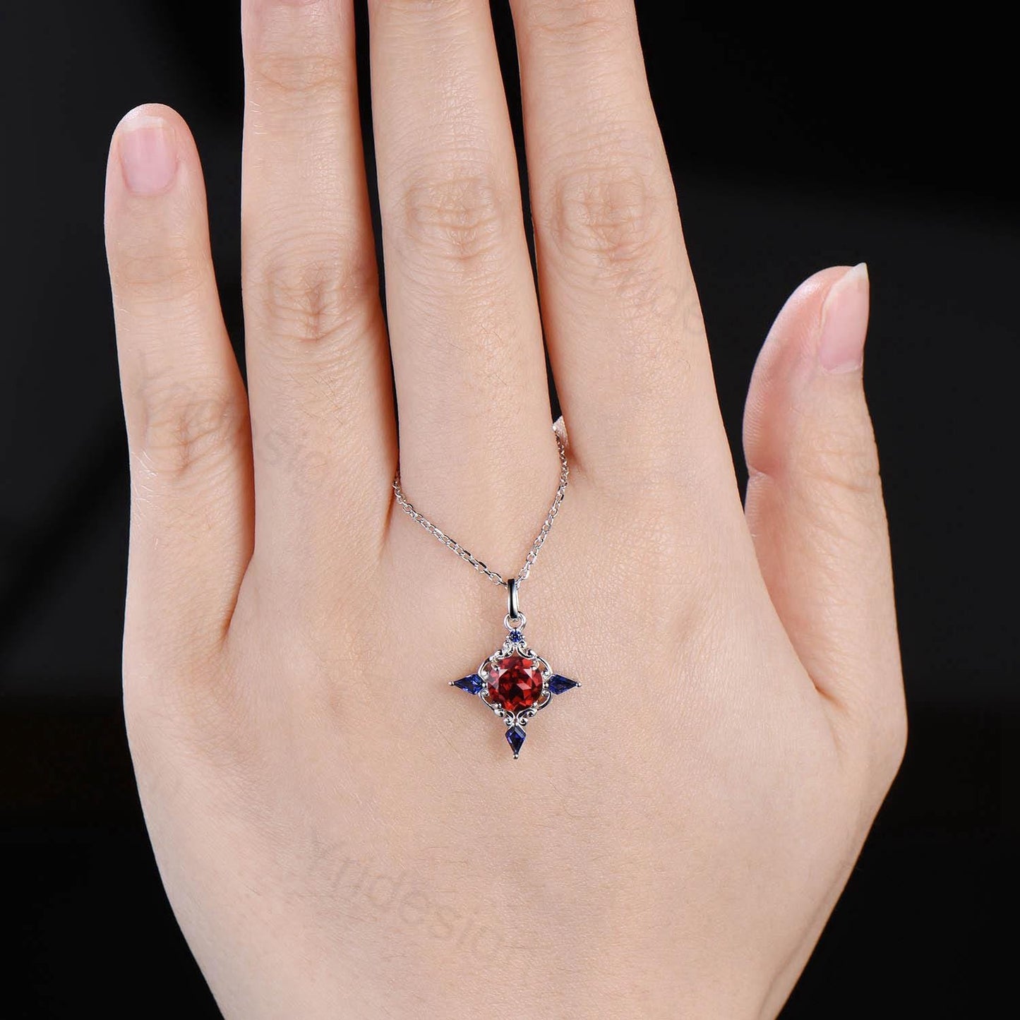 Unique Garnet Sapphire Pendant Necklace Celtic Knot Norse Viking Pendant 14K/18K White Gold Necklace Women Anniversary January Birthday Gift