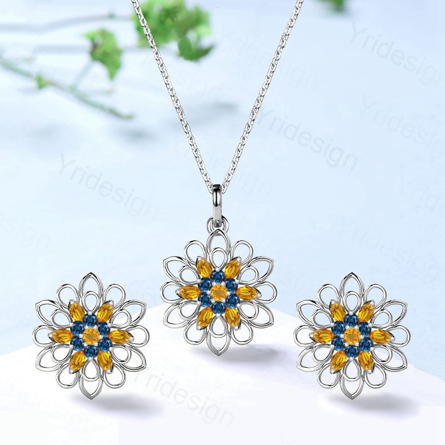 Unique SunFlower Necklace & Earrings, London Blue Topaz Citrine Pendant Stud Earrings, November Birthstone Anniversary Gifts For Women