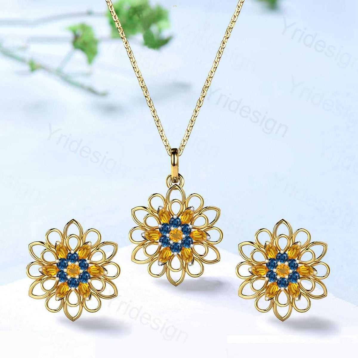 Unique SunFlower Necklace & Earrings, London Blue Topaz Citrine Pendant Stud Earrings, November Birthstone Anniversary Gifts For Women