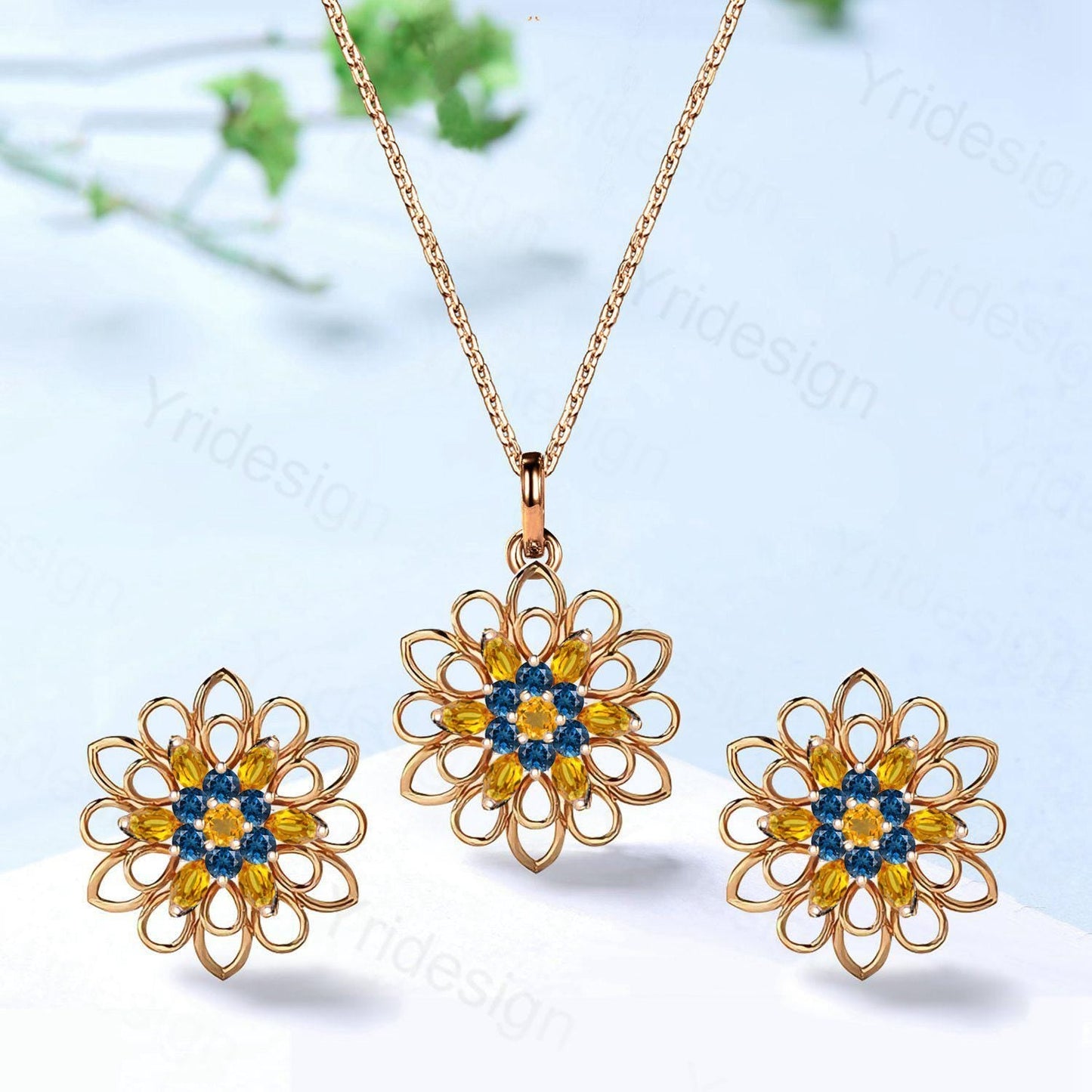 Unique SunFlower Necklace & Earrings, London Blue Topaz Citrine Pendant Stud Earrings, November Birthstone Anniversary Gifts For Women