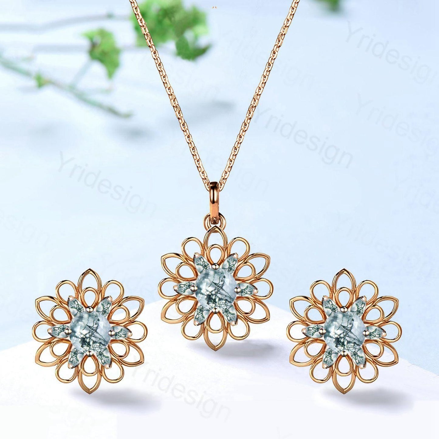 Unique SunFlower Moss Agate Necklace & Earrings, Green Gemstone Pendant Stud Earrings,May Birthstone Anniversary Promise Gifts For Women