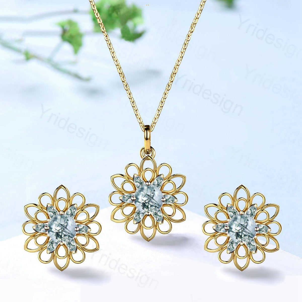 Unique SunFlower Moss Agate Necklace & Earrings, Green Gemstone Pendant Stud Earrings,May Birthstone Anniversary Promise Gifts For Women