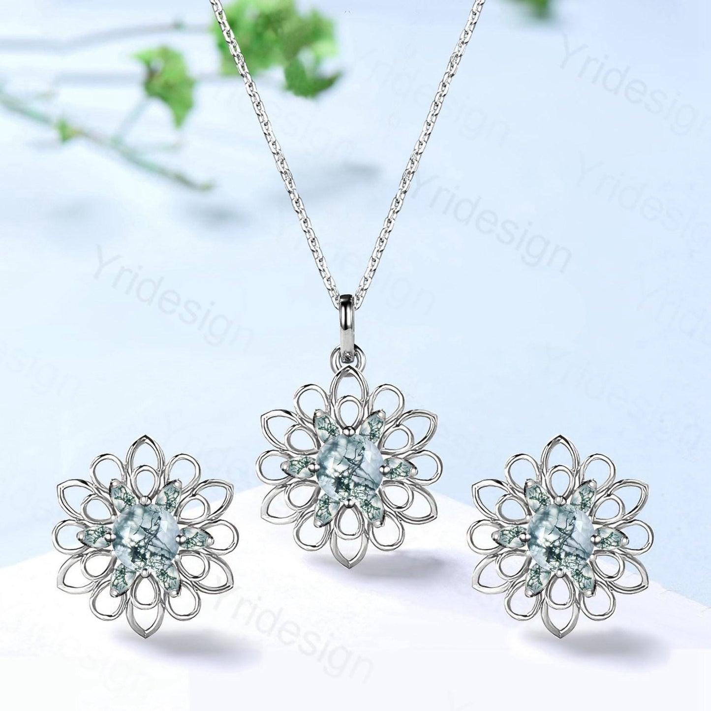 Unique SunFlower Moss Agate Necklace & Earrings, Green Gemstone Pendant Stud Earrings,May Birthstone Anniversary Promise Gifts For Women