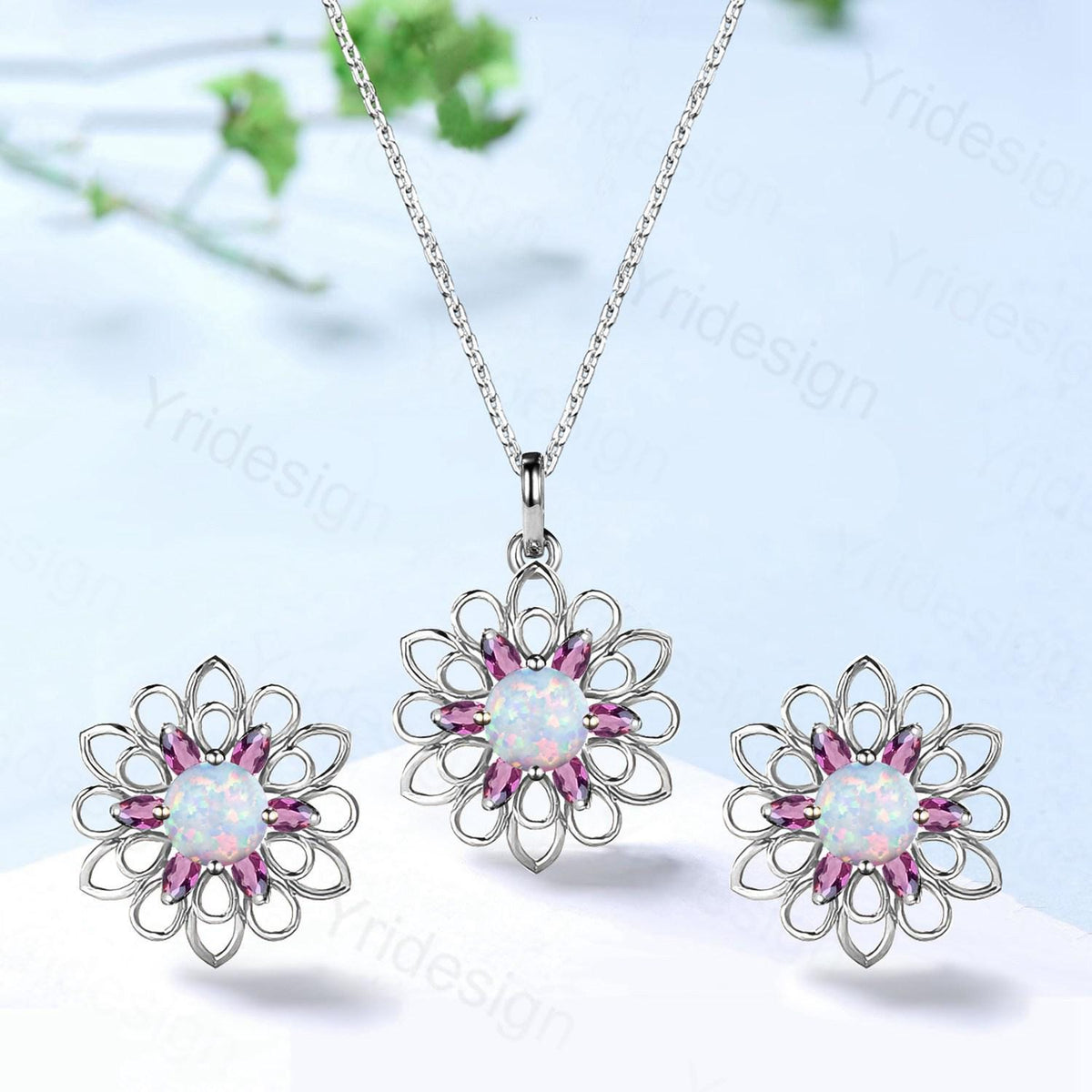Unique SunFlower Opal Necklace & Earrings, Amethyst Pendant Stud Earrings, October Birthstone Anniversary Gifts Women Norse Viking Jewelry