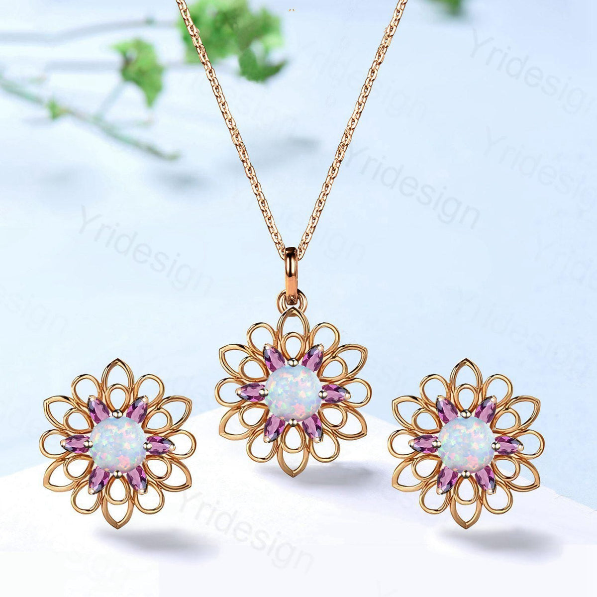 Unique SunFlower Opal Necklace & Earrings, Amethyst Pendant Stud Earrings, October Birthstone Anniversary Gifts Women Norse Viking Jewelry
