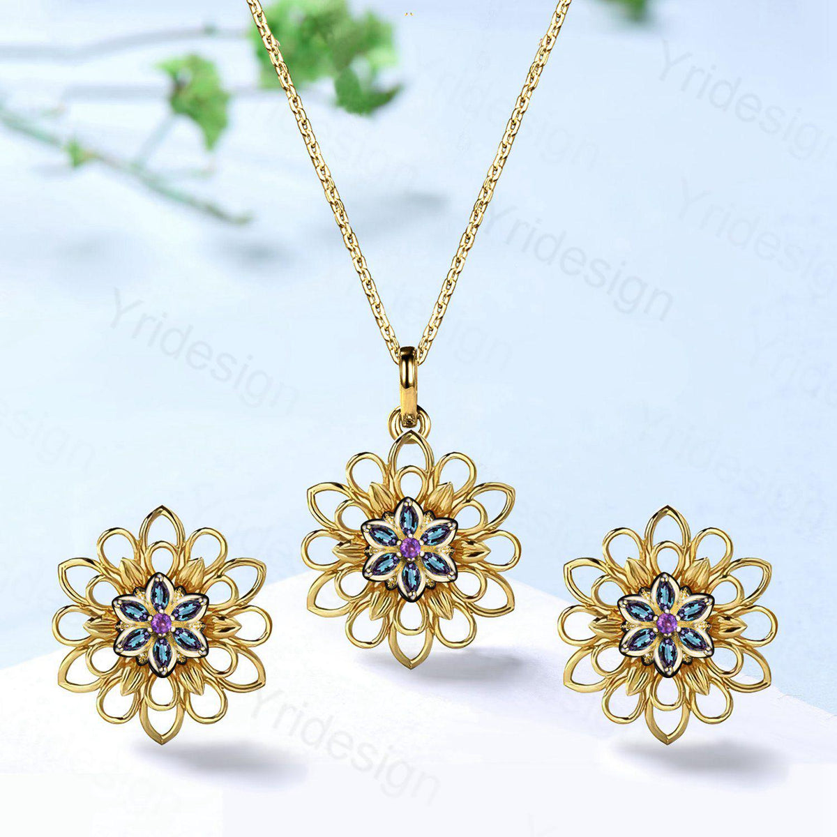 Unique Sunflower Alexandrite Necklace & Studs Earrings, Amethyst Pendant Stud Earrings, June Birthstone Anniversary Gifts For Women