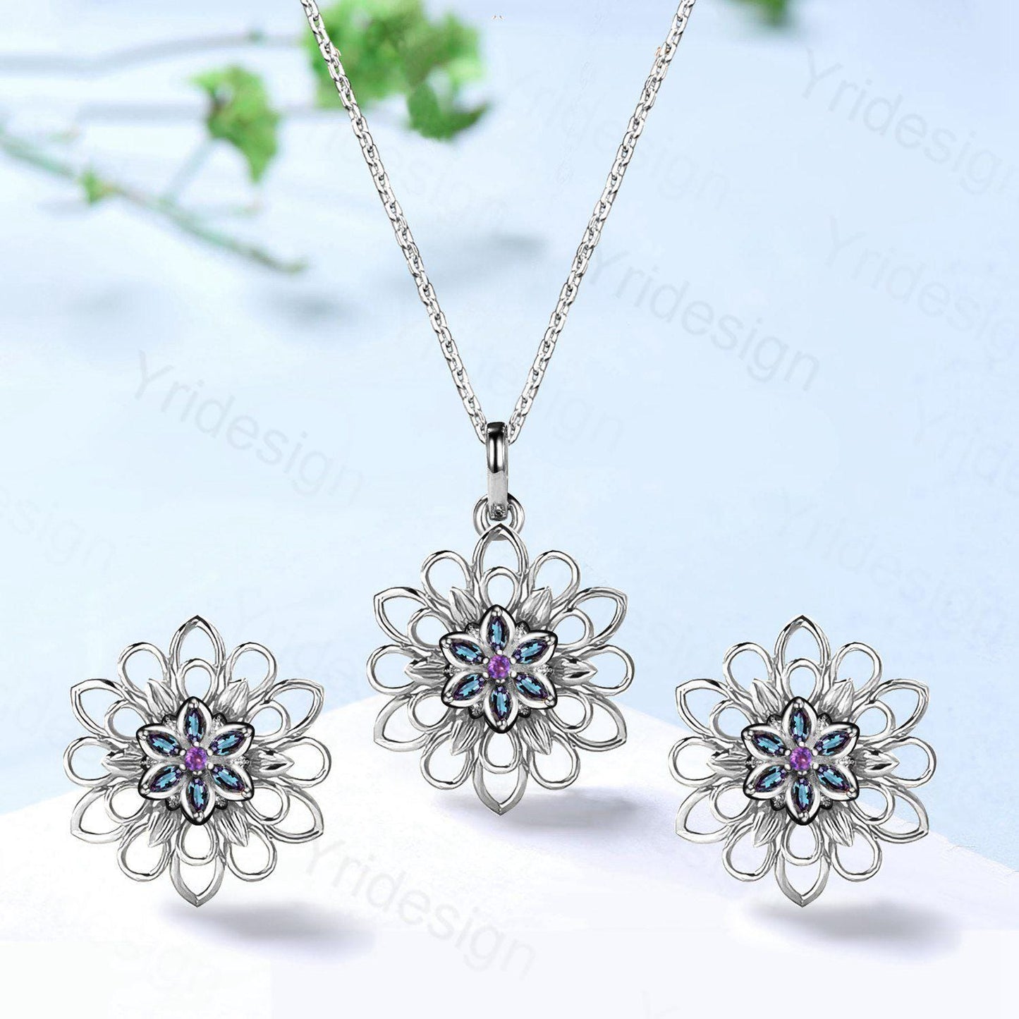 Unique Sunflower Alexandrite Necklace & Studs Earrings, Amethyst Pendant Stud Earrings, June Birthstone Anniversary Gifts For Women