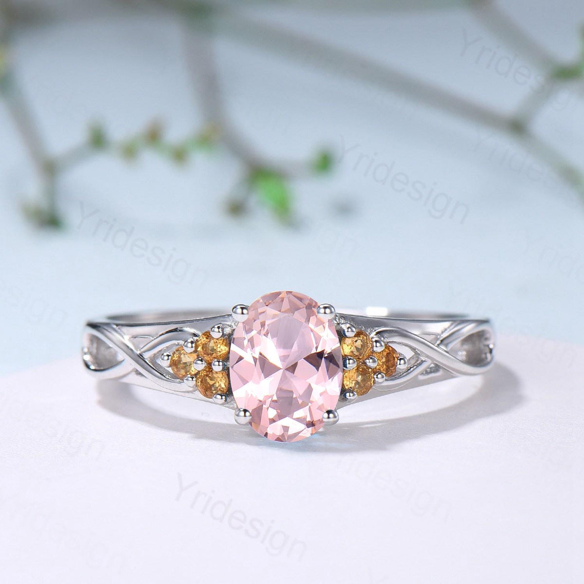 Celtic Knot Oval Morganite Engagement Ring Solid 14K/18K White Gold Unique Infinity Ring Cluster Citrine Wedding Ring Anniversary Gift Women