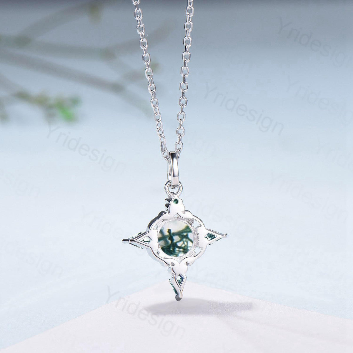 Unique Natural Moss Agate Pendant Necklace Celtic Knot Norse Viking Pendant 14K/18K White Gold Necklace Anniversary Birthday Gift for Women