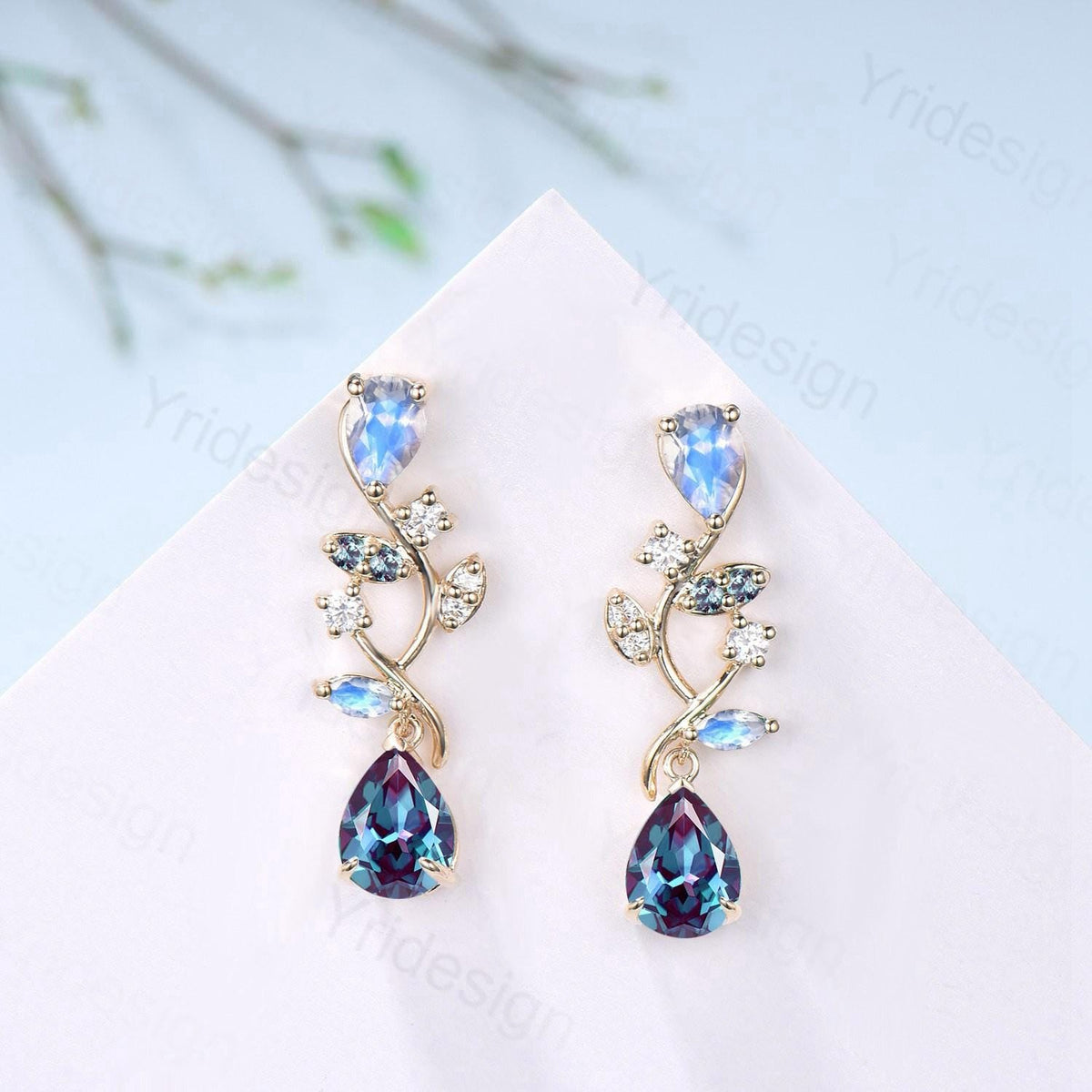 Nature Inspired Pear Shaped Alexandrite Earrings Emerald Moonstone Leaf Stud Earrings Vintage June Birthstone Anniversary Promise Gift Women