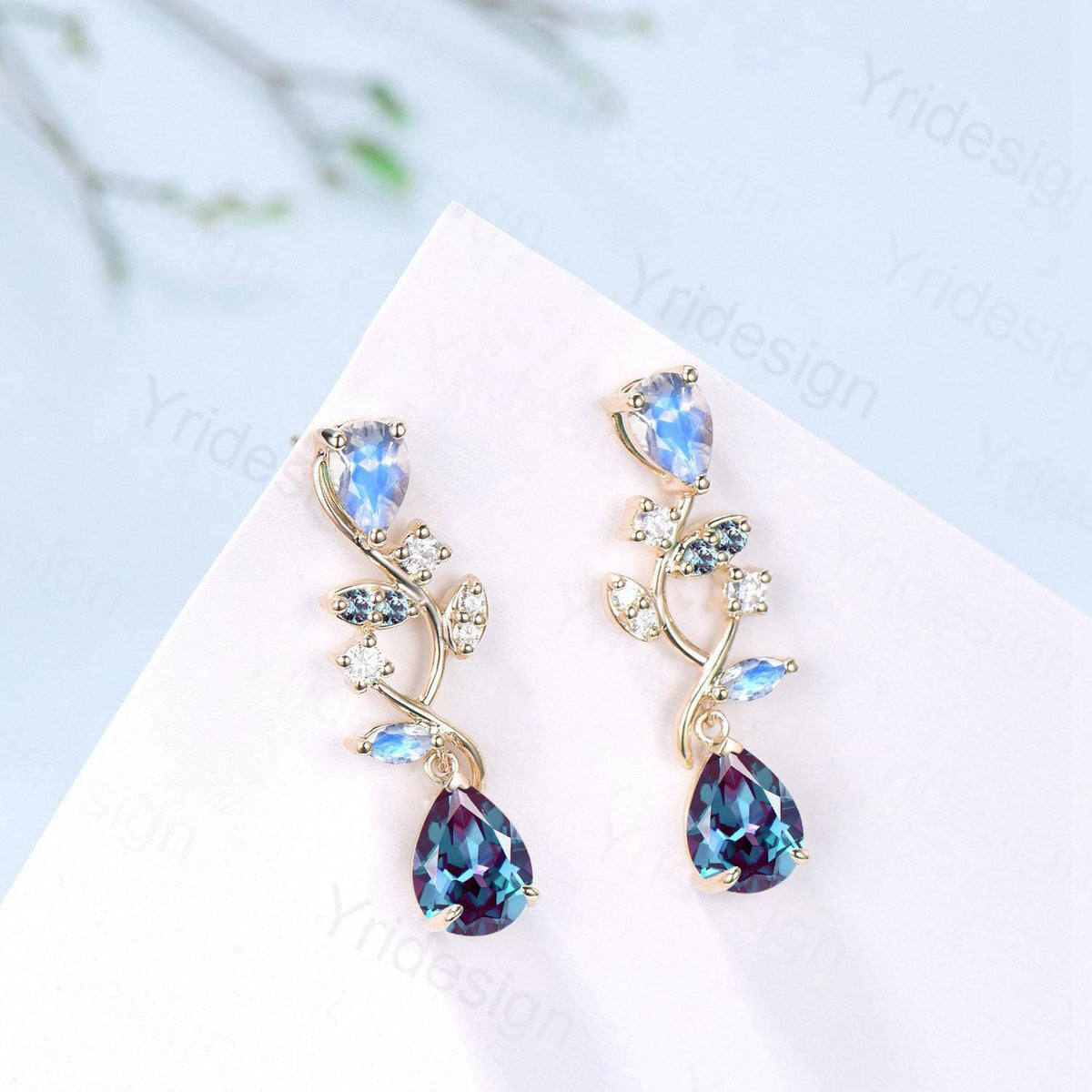 Nature Inspired Pear Shaped Alexandrite Earrings Emerald Moonstone Leaf Stud Earrings Vintage June Birthstone Anniversary Promise Gift Women