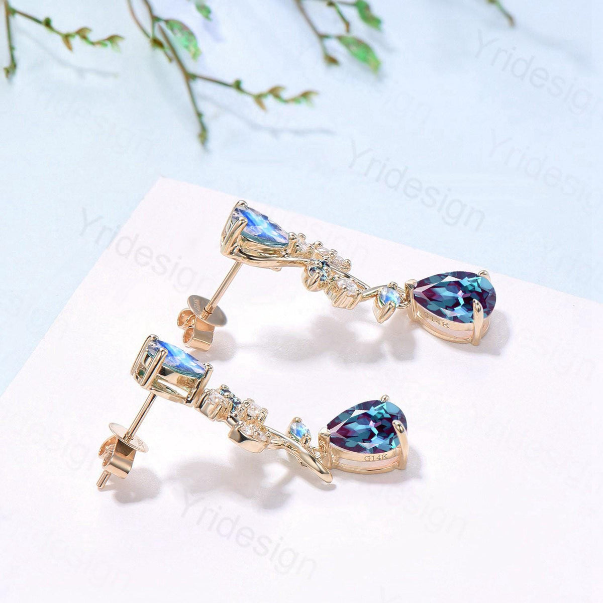 Nature Inspired Pear Shaped Alexandrite Earrings Emerald Moonstone Leaf Stud Earrings Vintage June Birthstone Anniversary Promise Gift Women