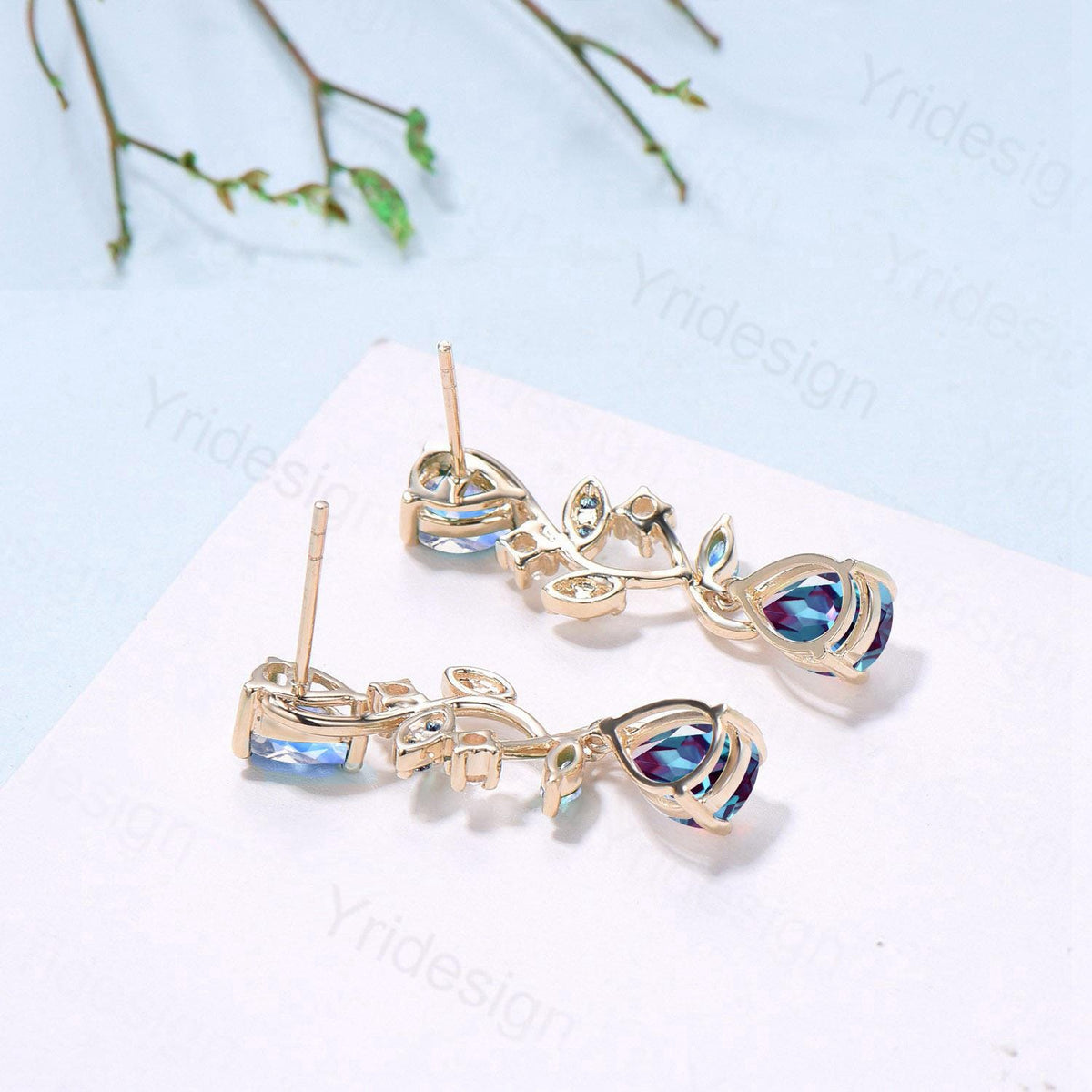 Nature Inspired Pear Shaped Alexandrite Earrings Emerald Moonstone Leaf Stud Earrings Vintage June Birthstone Anniversary Promise Gift Women