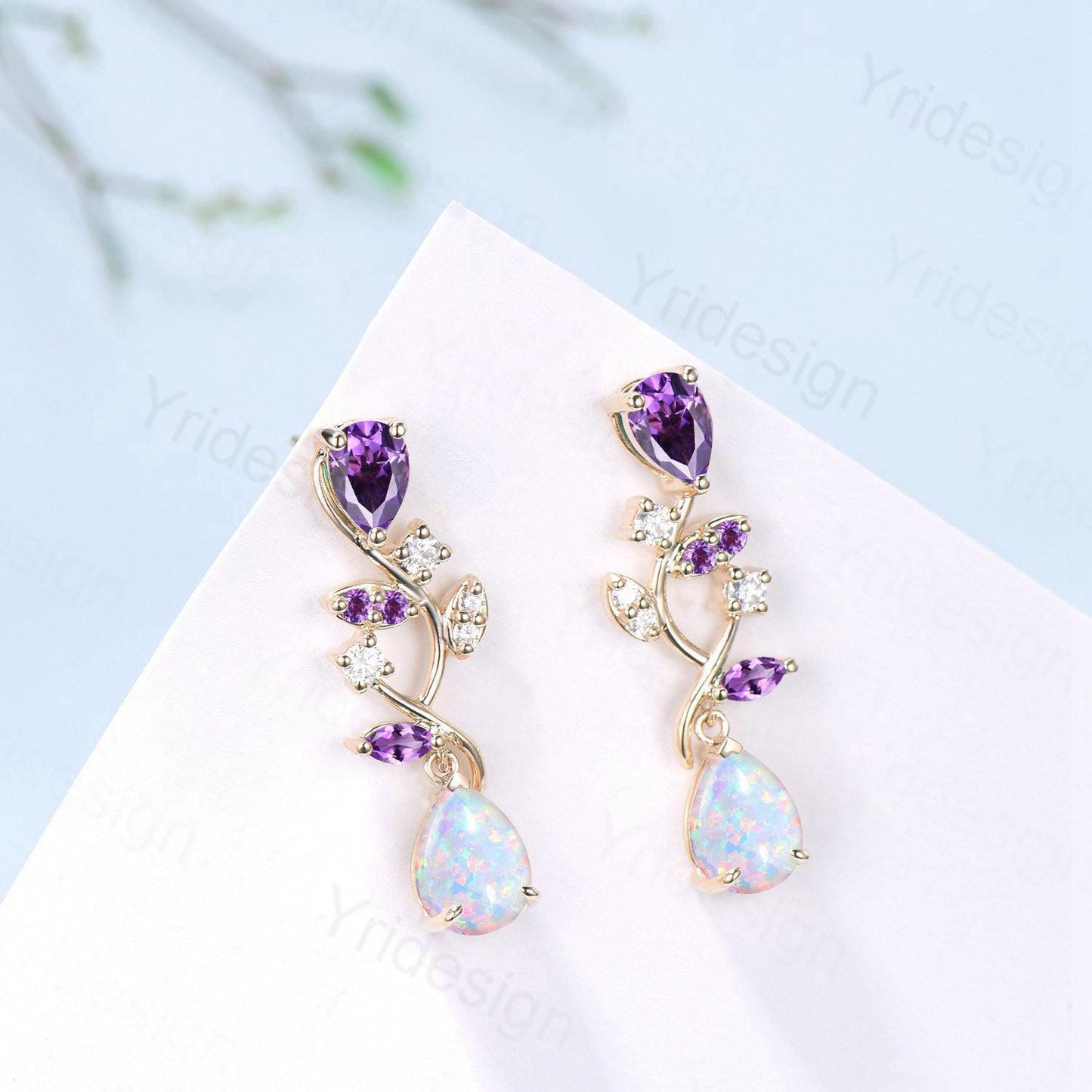 Nature Inspired Opal Earrings Amethyst Pear Shaped White Fire Opal Leaf Stud Earrings Silver Earrings Handmade Anniversary Promise Gift
