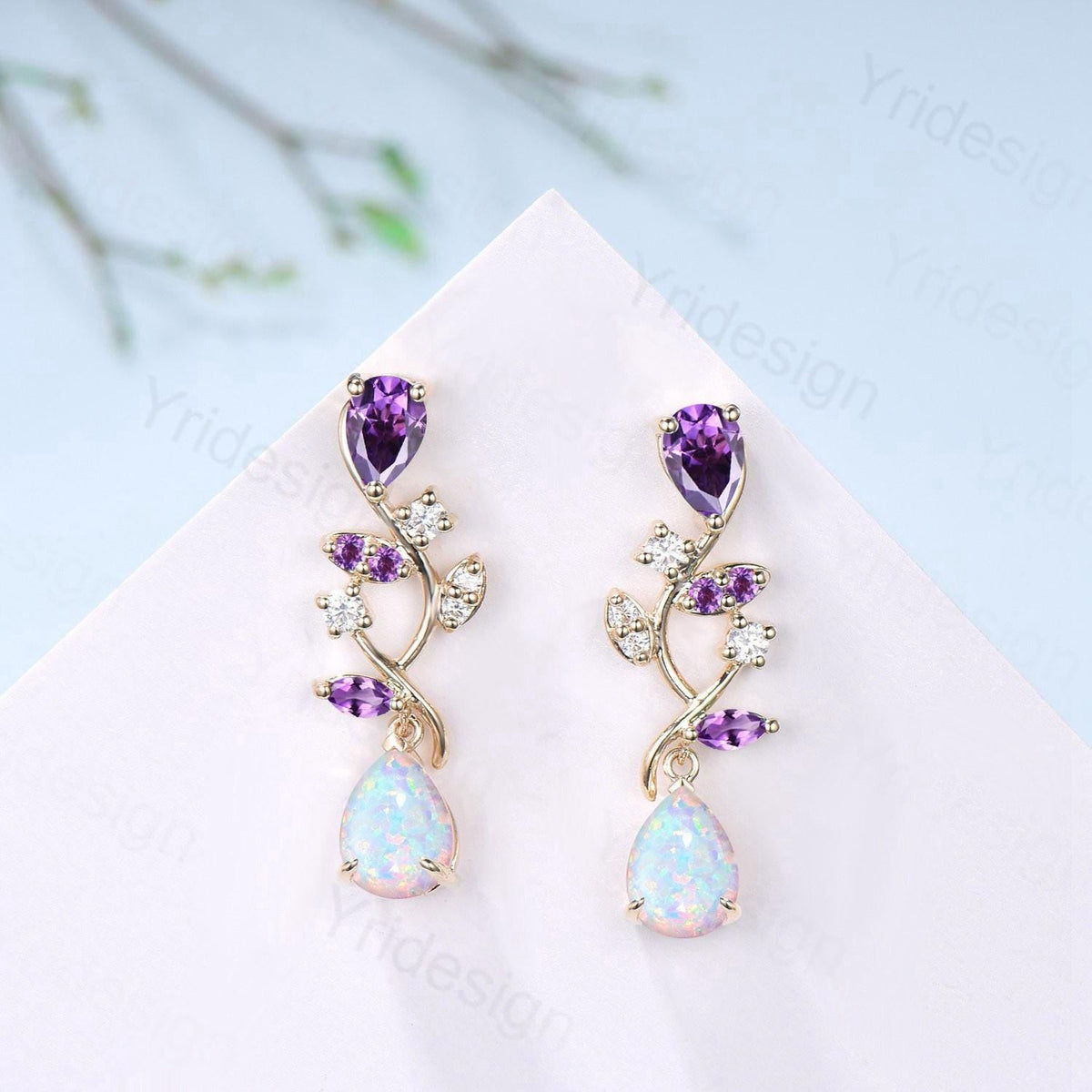 Nature Inspired Opal Earrings Amethyst Pear Shaped White Fire Opal Leaf Stud Earrings Silver Earrings Handmade Anniversary Promise Gift