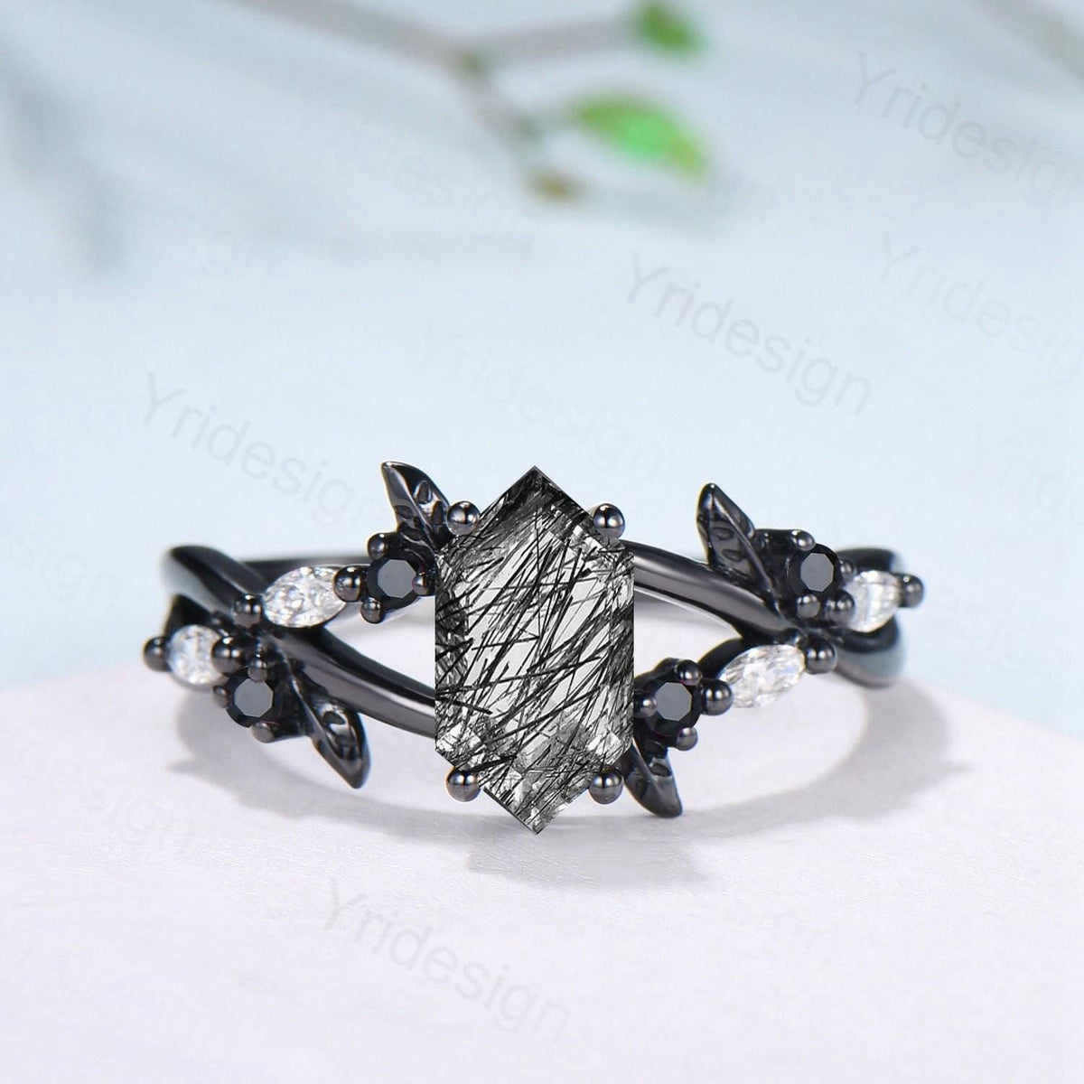 Art Deco Long Hexagon Cut Black Rutilated Quartz Engagement Ring Black Gold Gothic Engagement Ring Leaf Vine Black Spinel Moissanite Band